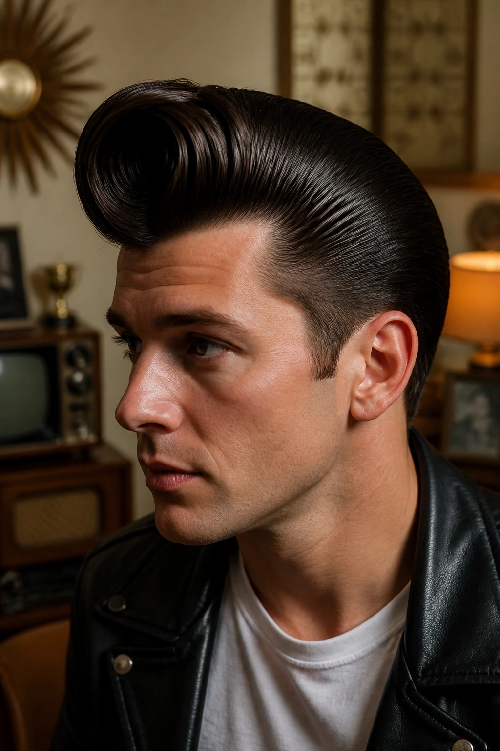 Portrait of real man with rockabilly roll hairstyle under retro lighting