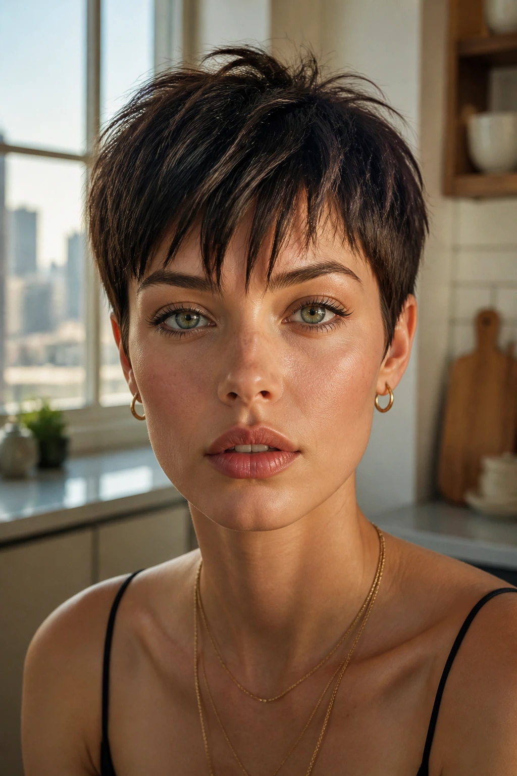 Close-up portrait of a woman with rocker bangs in a sunlit kitchen