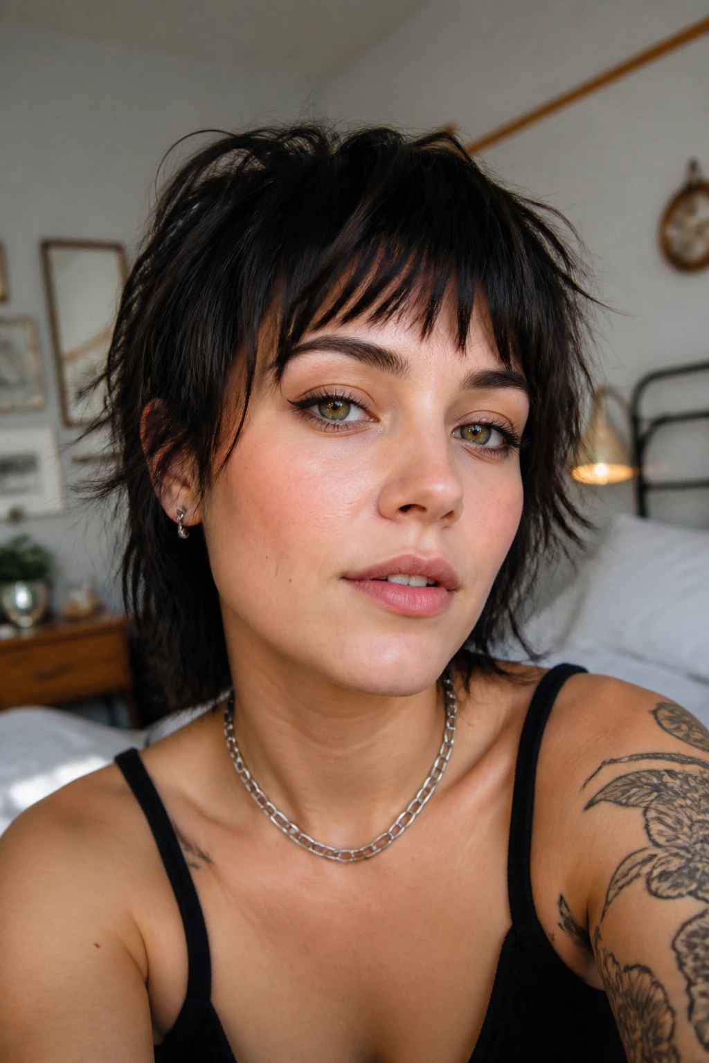 Close-up of a real person with rocker bangs styled to maintain movement