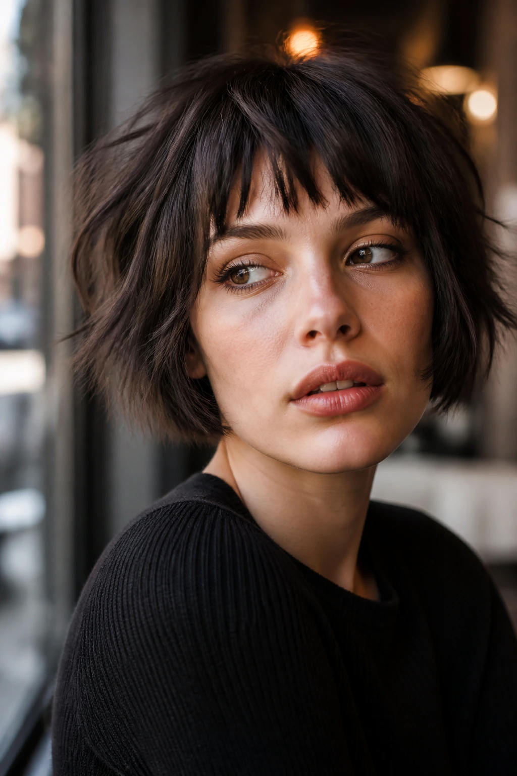 Real woman with rocker bangs on short bob in daylight cafe window