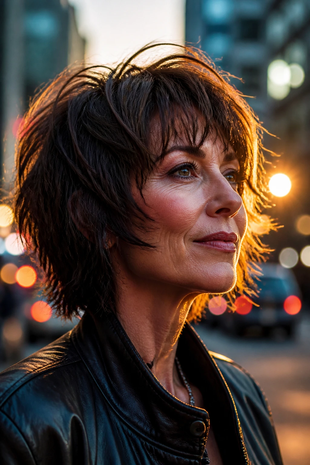 Close-up of a real woman with a rocker bob, piecey ends and edge