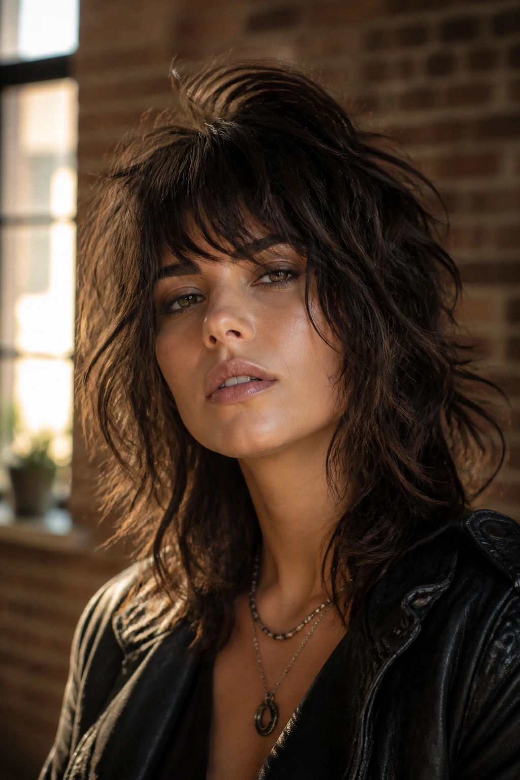 Portrait of a real person with a rocker-edge shag, showing texture and crown lift.