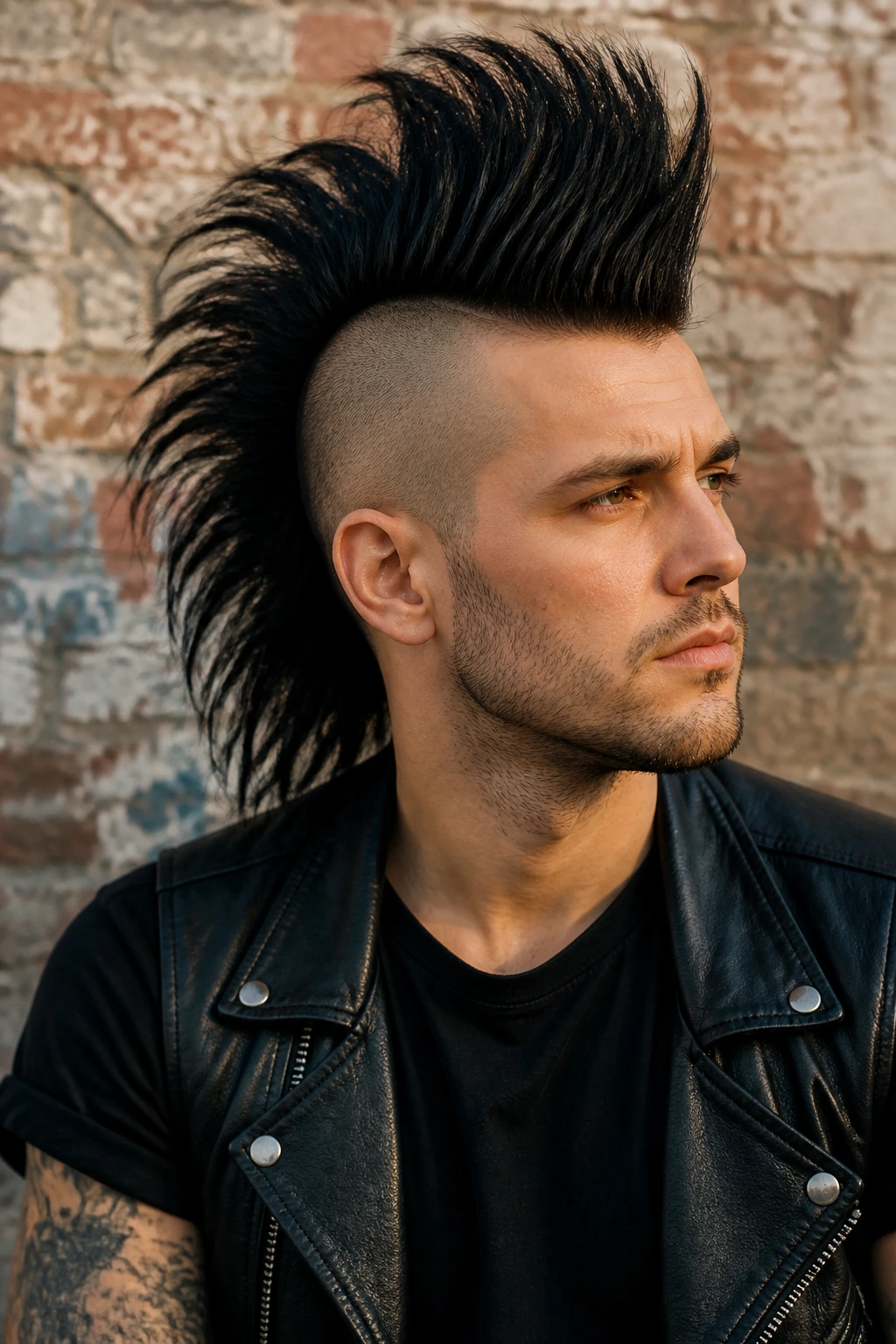 Close-up of a man with a rocker-length mohawk, long top and tapered sides.