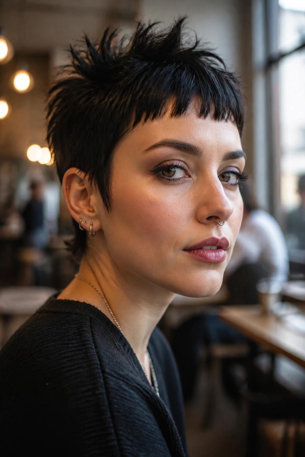 Close-up portrait of a real woman with micro bangs and a rocker pixie hairstyle