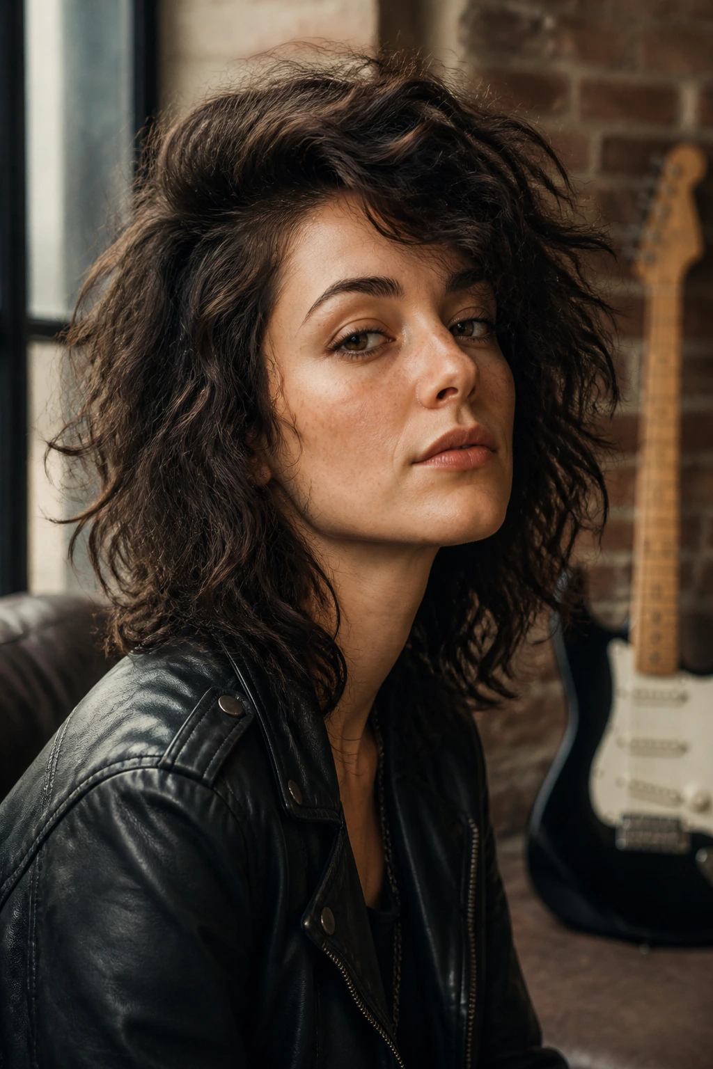 Portrait of a woman with a deep side part and messy rocker shag.