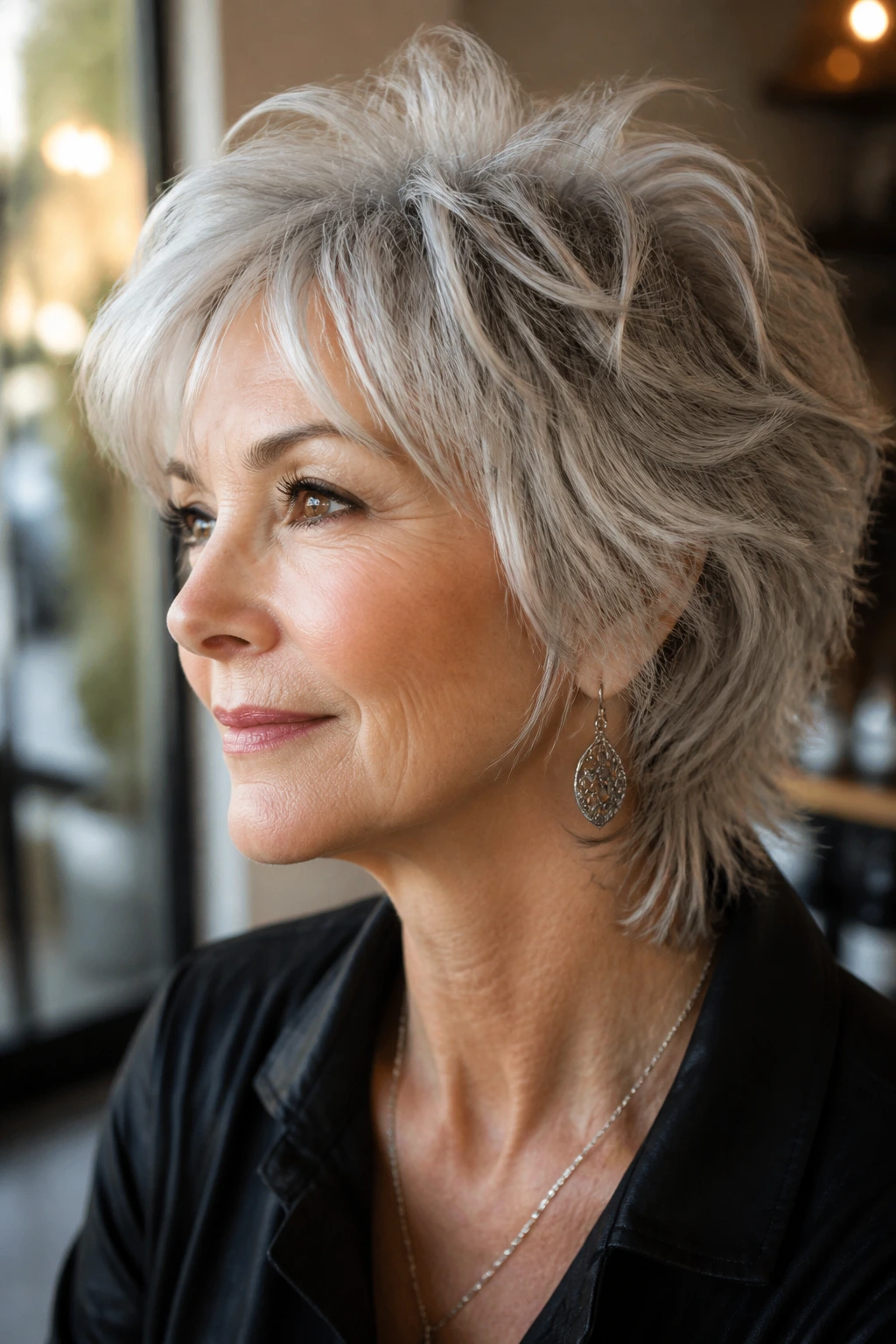 Close-up of an older woman with a textured rocker shag and silver hair in soft salon light