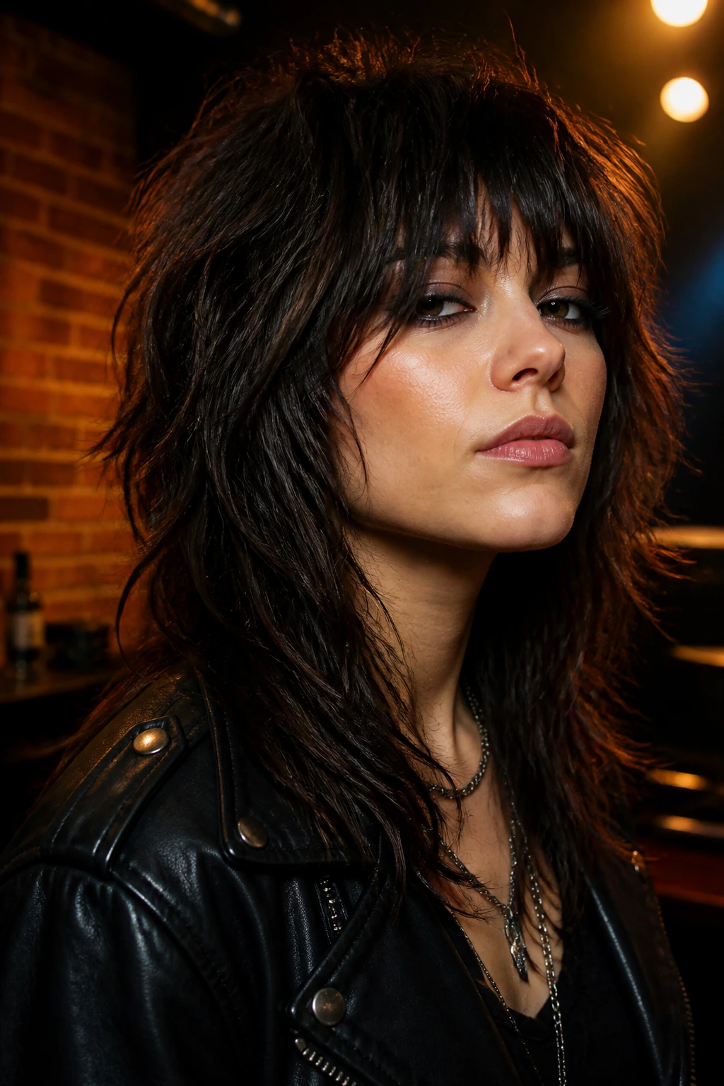 Close-up portrait of a real woman with rocker shag textured fringe in backstage lighting