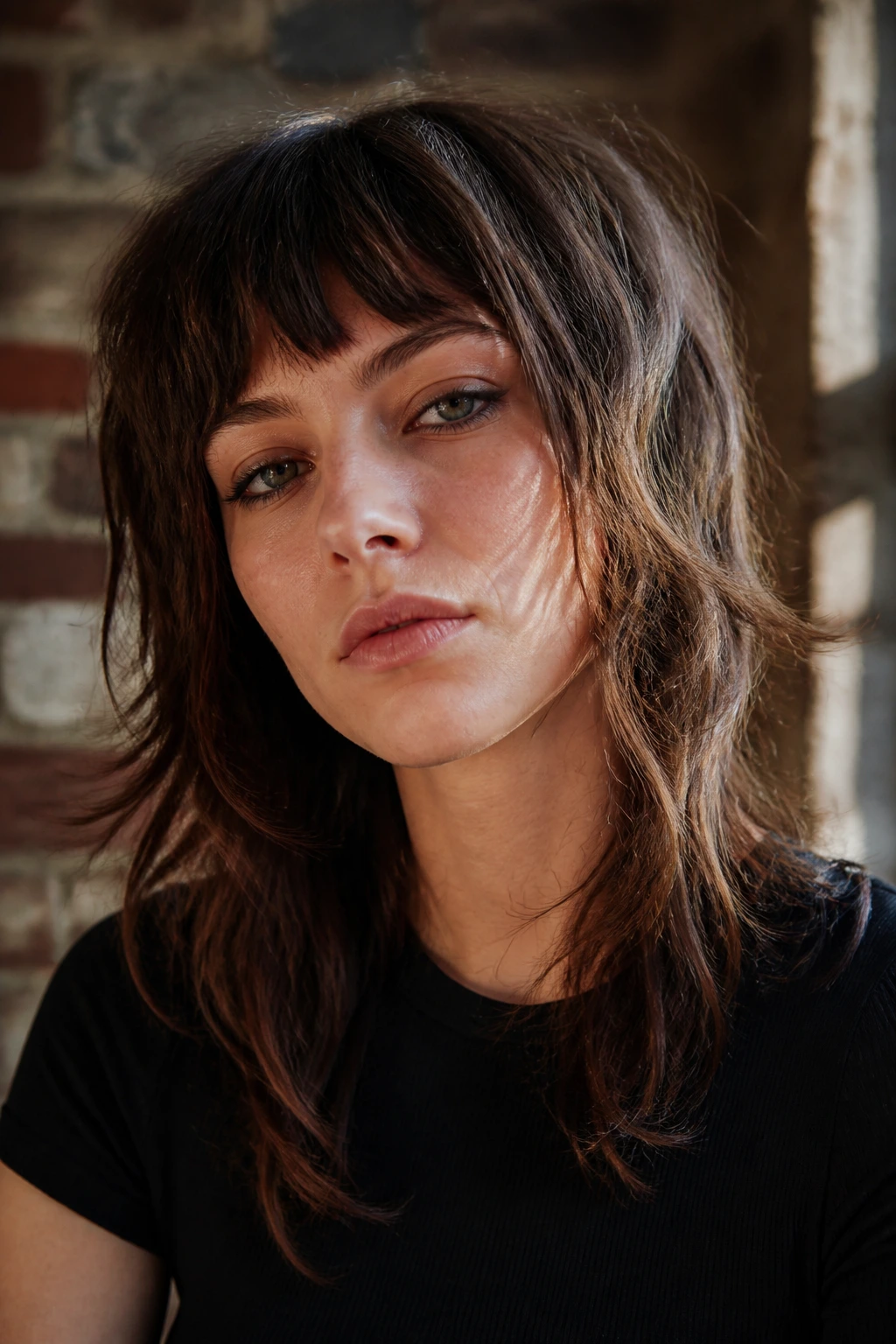 Portrait of a real person with rocker shag featuring edgy fringe in an urban loft