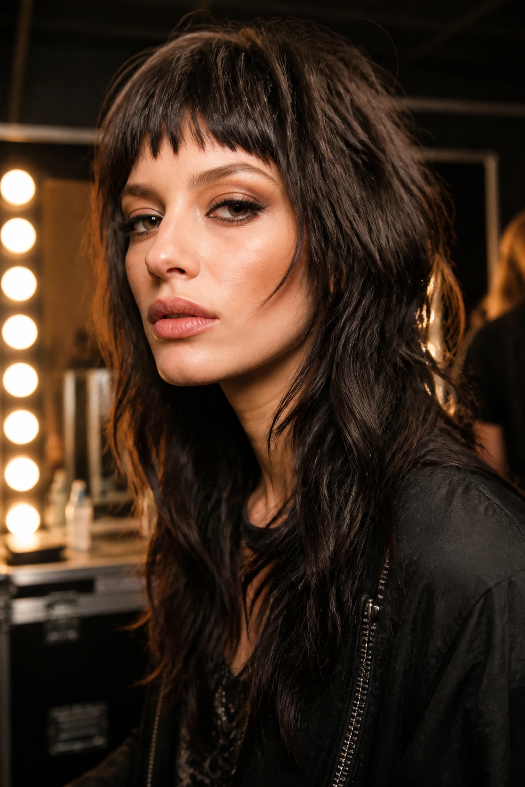 Close-up of a real person with rocker shag short bangs and long ends