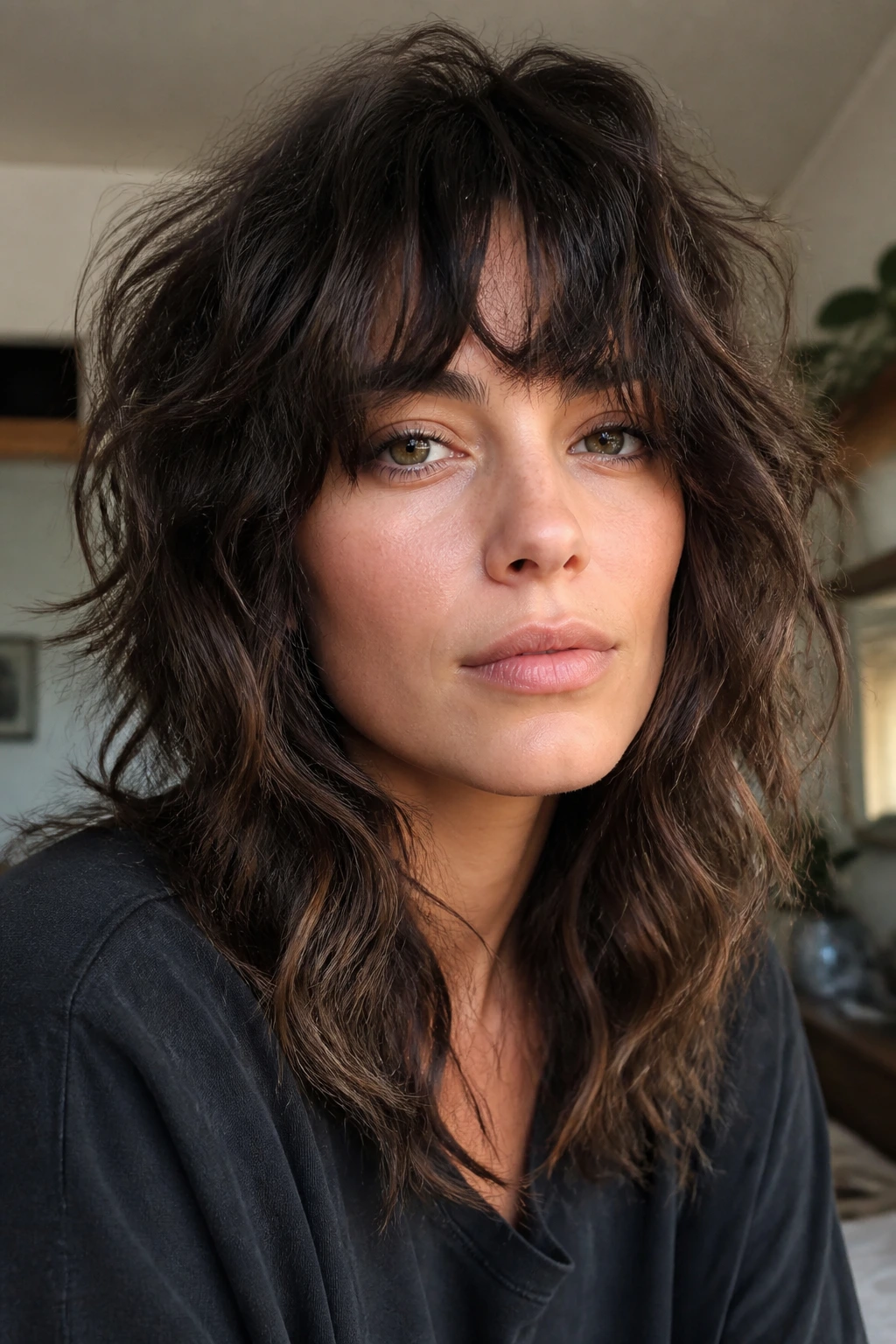 Close-up of real woman with rocker shag on wavy hair in warm window light