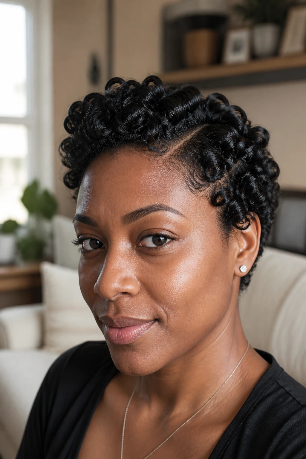 Close-up of rod set curls on short natural hair