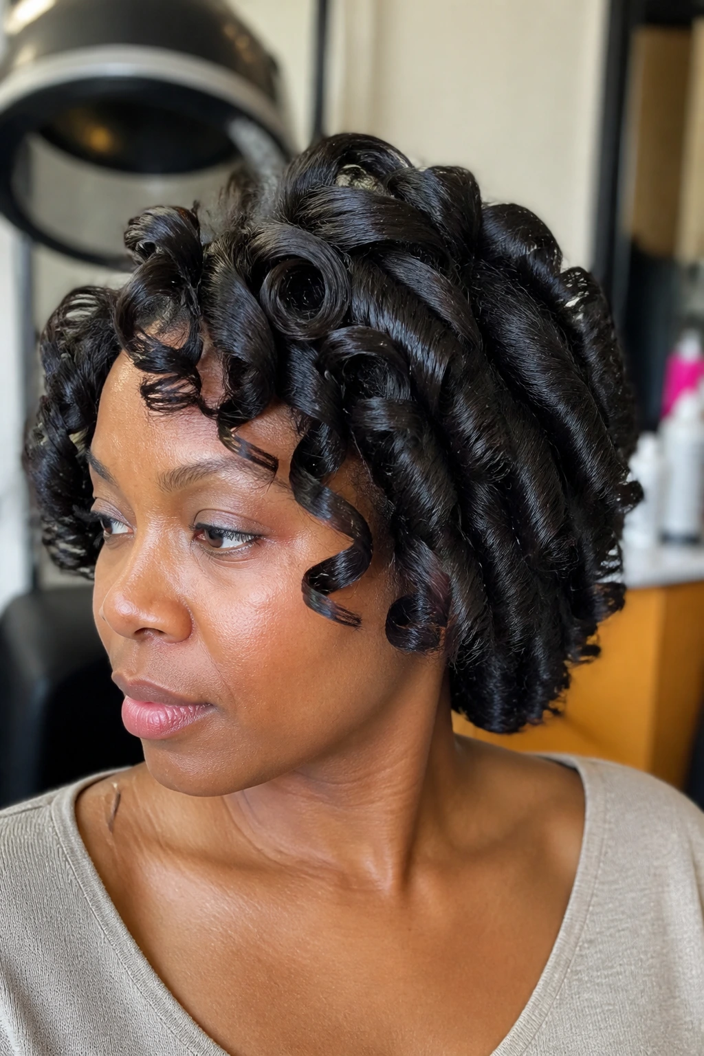 Real woman with polished rod-set ringlets in a salon