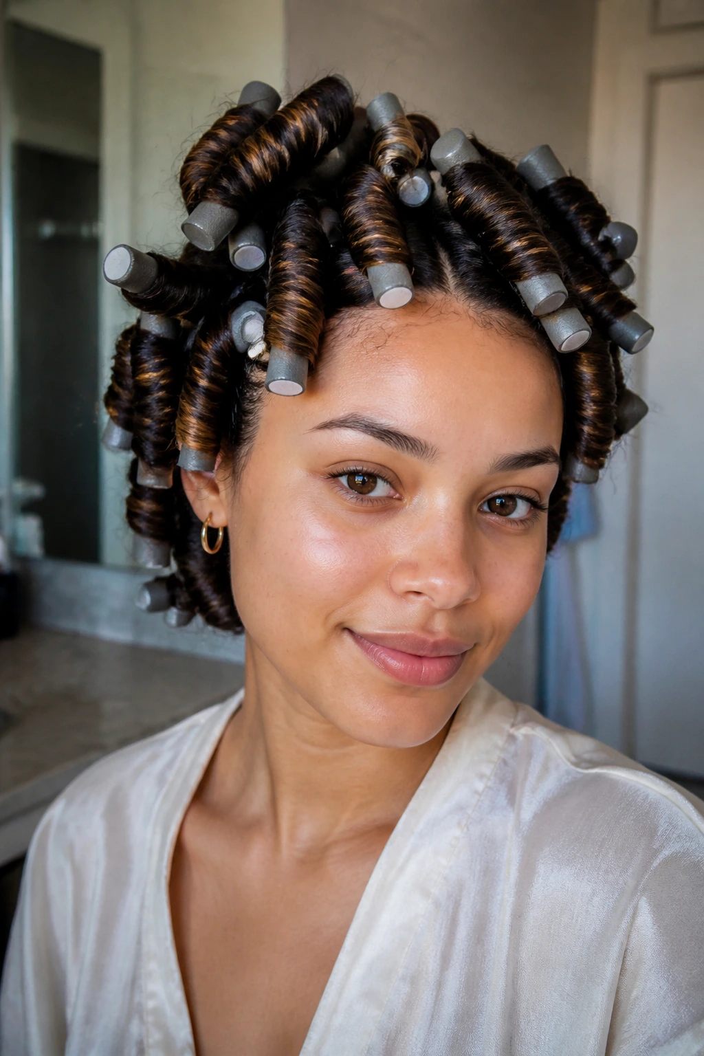 Close-up of a real person with a heatless rod-set hairstyle showing uniform curls.