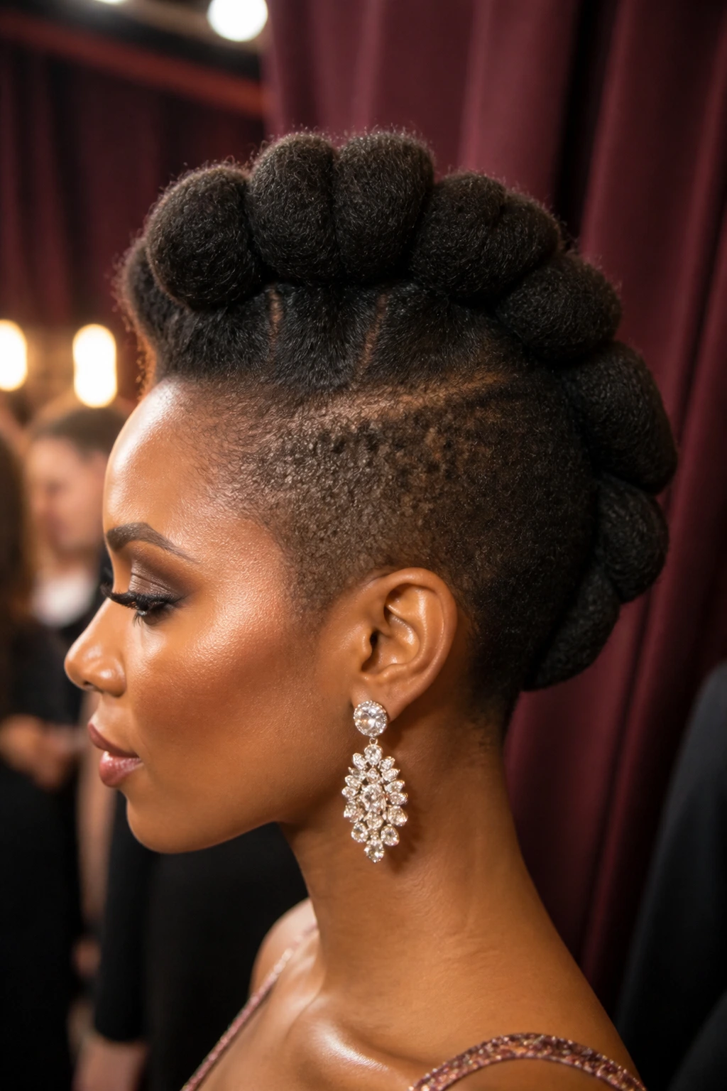 Close-up of a real person with a roll-and-pin mohawk on short natural hair