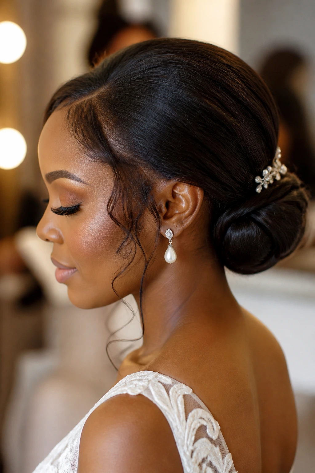 Close-up of real bride with roll-and-tuck bun hairstyle