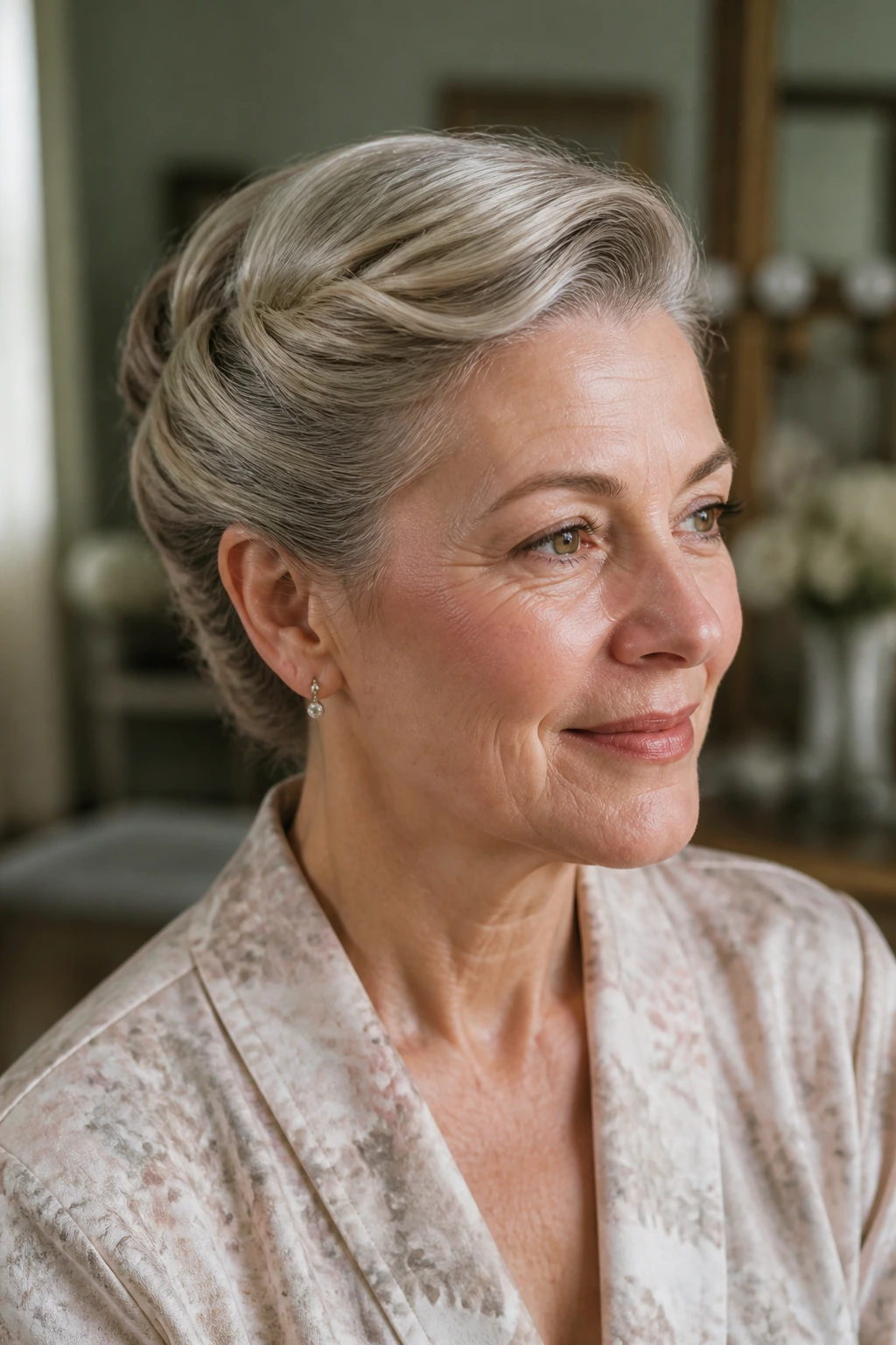 Close-up portrait of a real woman with backward temple twists pinned neatly