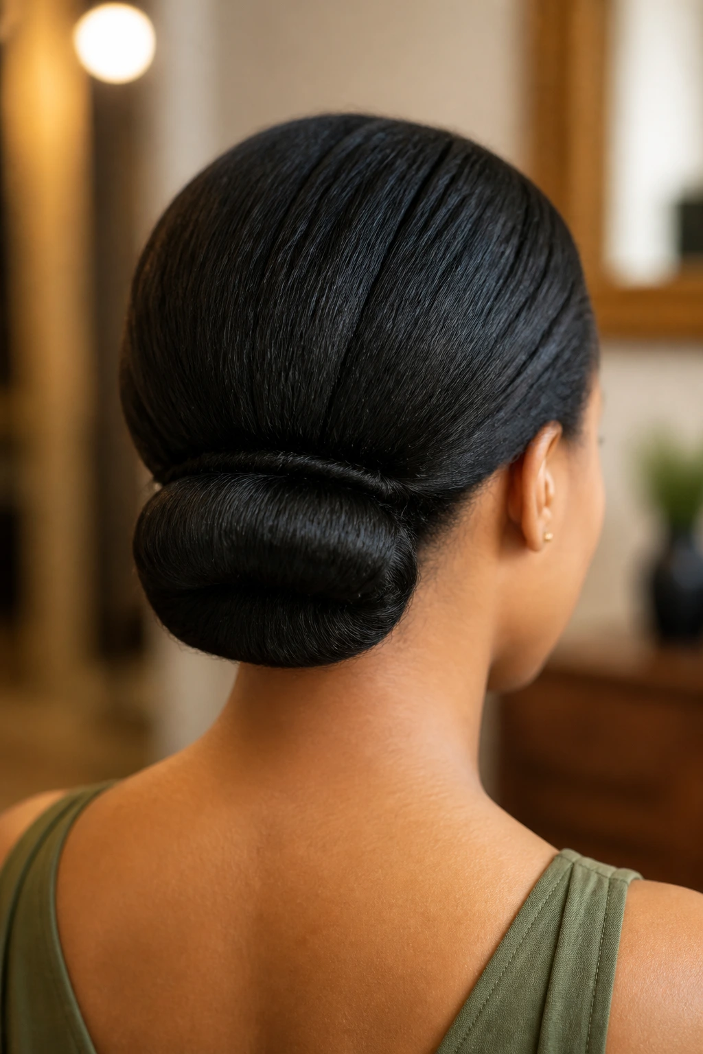 Back-of-head view of a real woman with a roll-and-pin updo at the nape