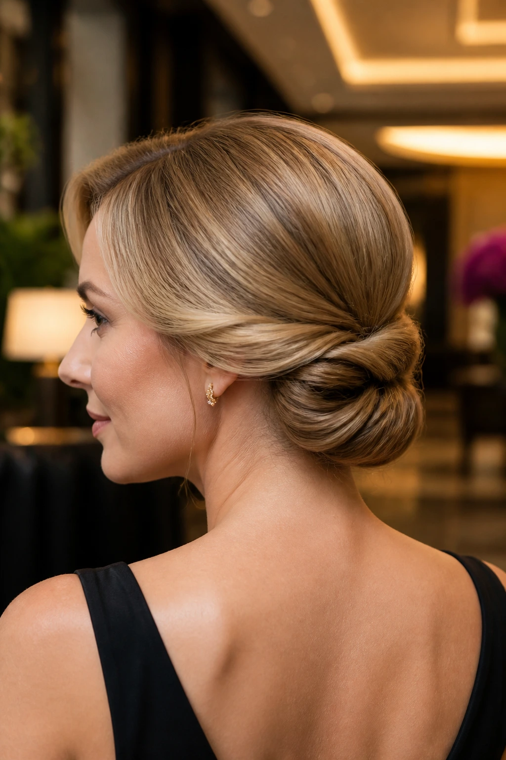 Real woman with roll-and-tuck updo, neat nape rolls in warm hotel lobby light