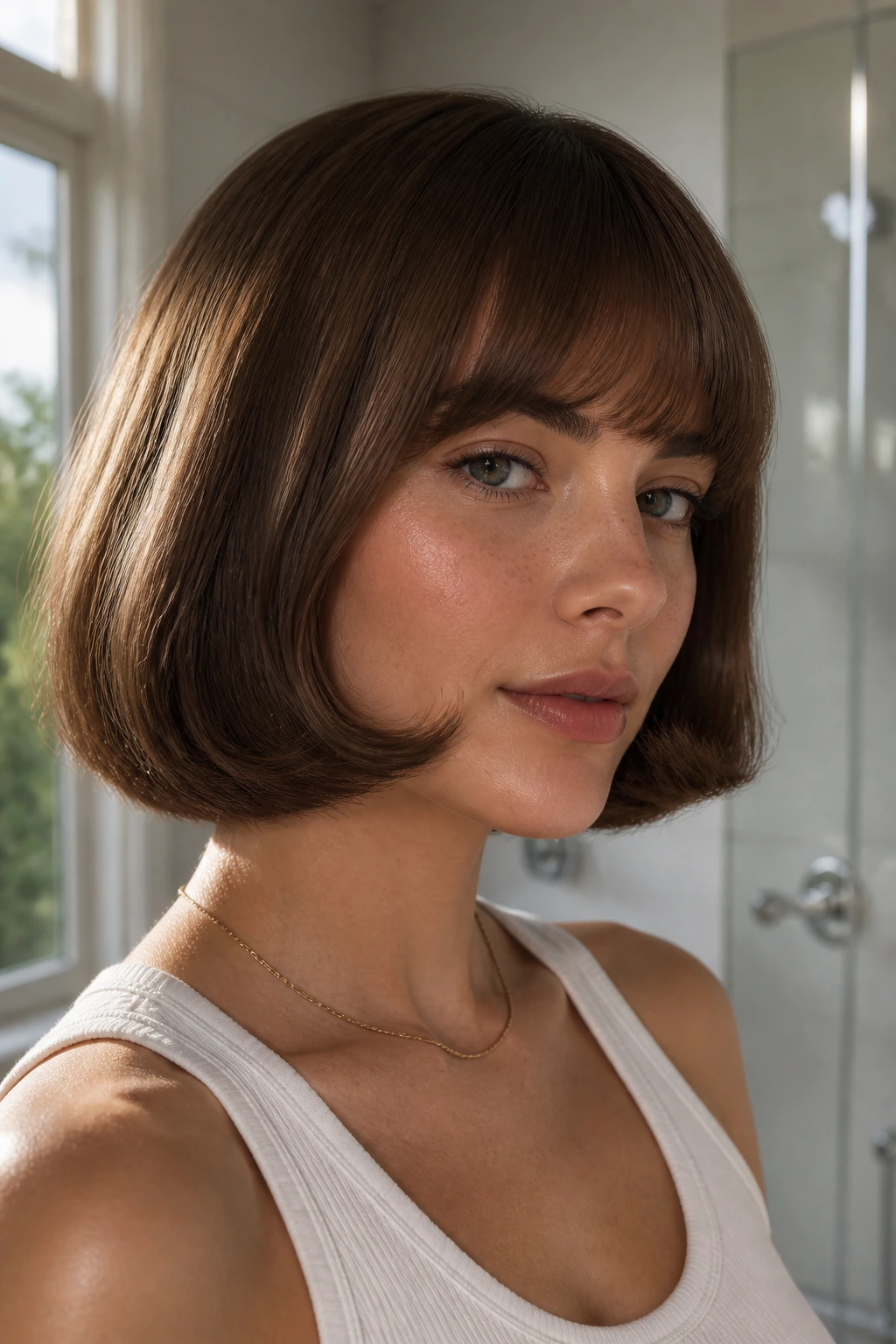 Close-up of a real woman with a roll-under fringe showing a polished bend along a chin-length bob.