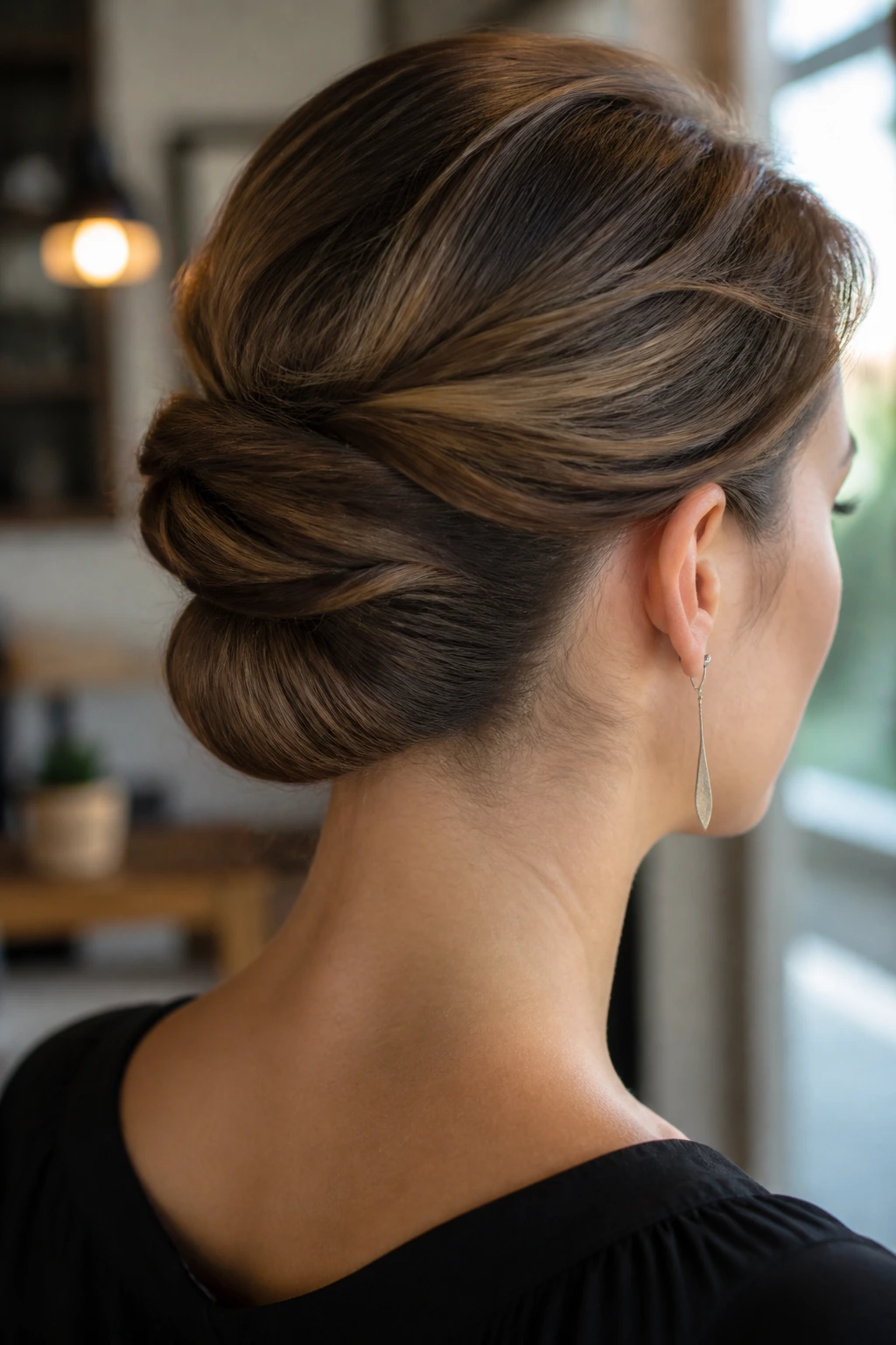 Portrait of a woman with a tucked-in roll updo at the back of the head.
