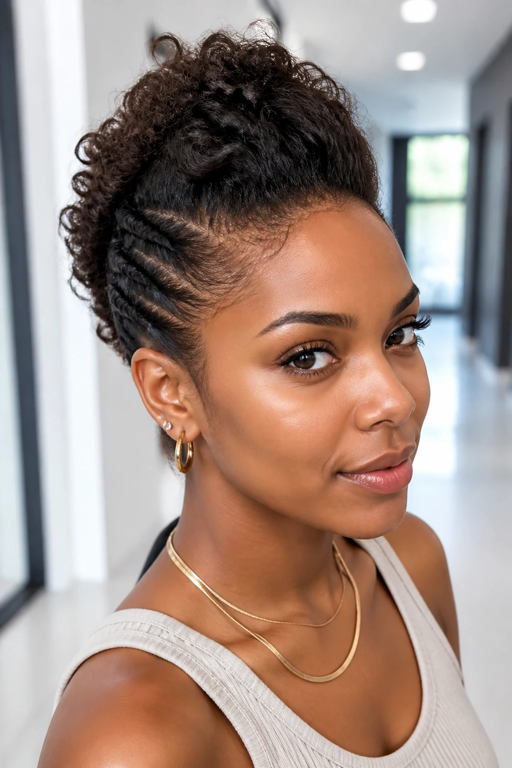 Close-up portrait of a real woman with Rolled-Back Hawk hairstyle showing rolled sides