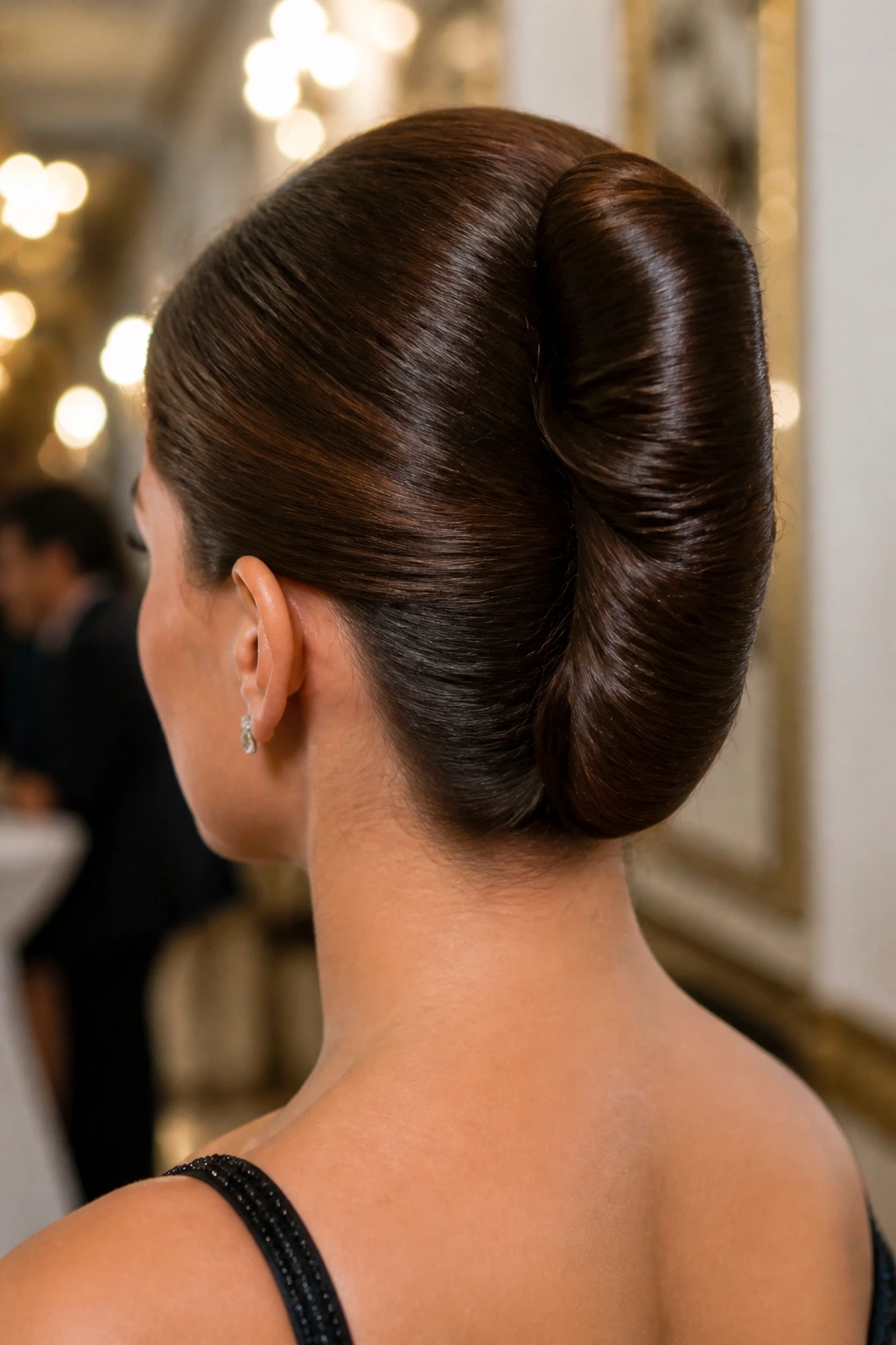 Close-up of a real woman with an upright rolled banana bun at the back of her head