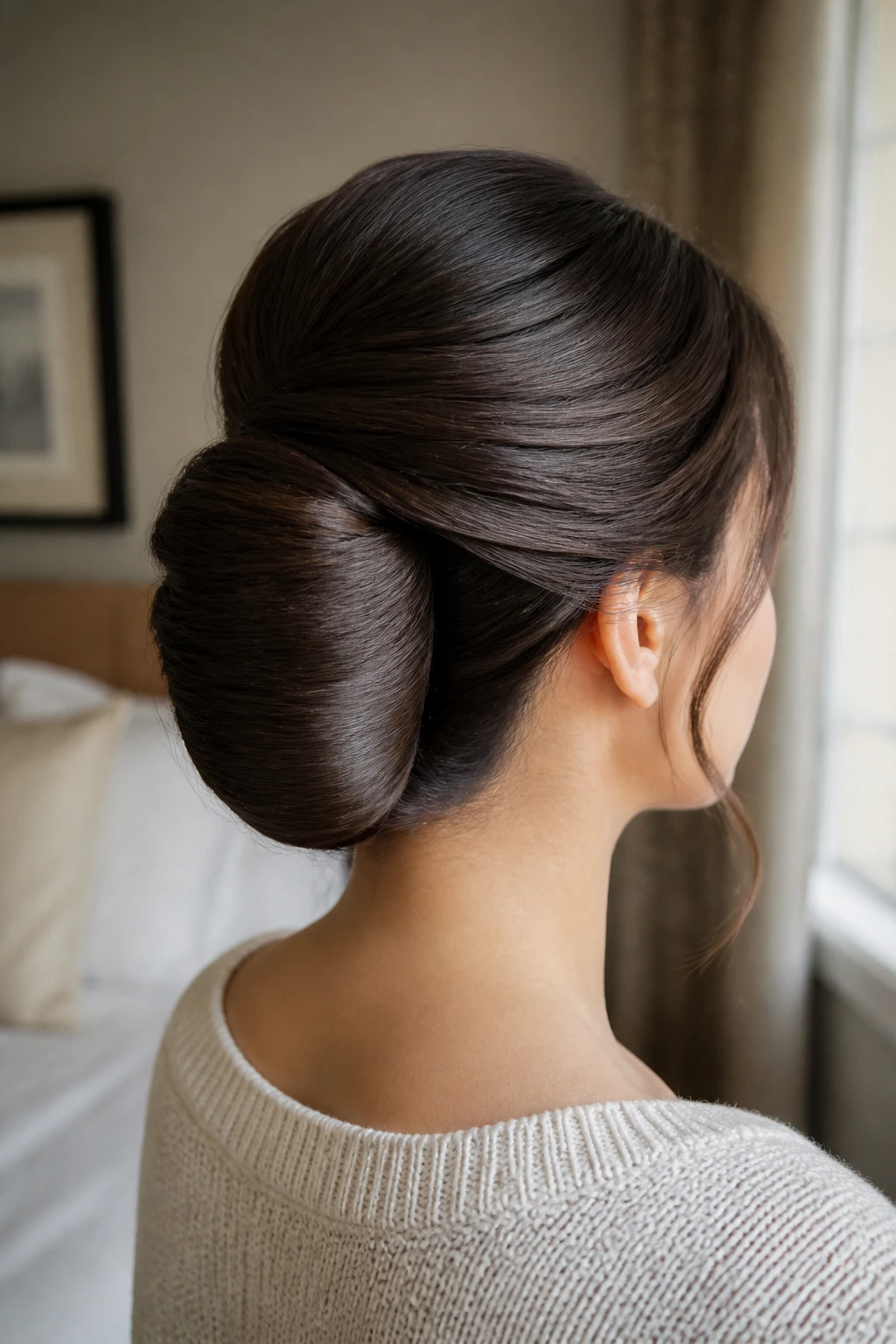 Close-up of rolled banana bun shell on a real woman, long hair, nape roll