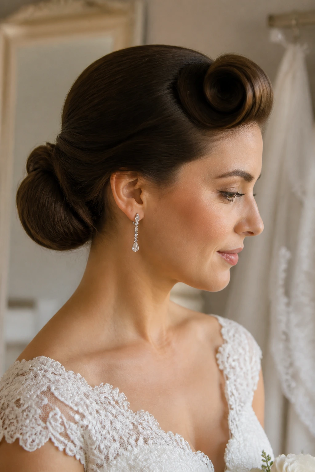 Close-up of a real bride with rolled bangs and a low knot