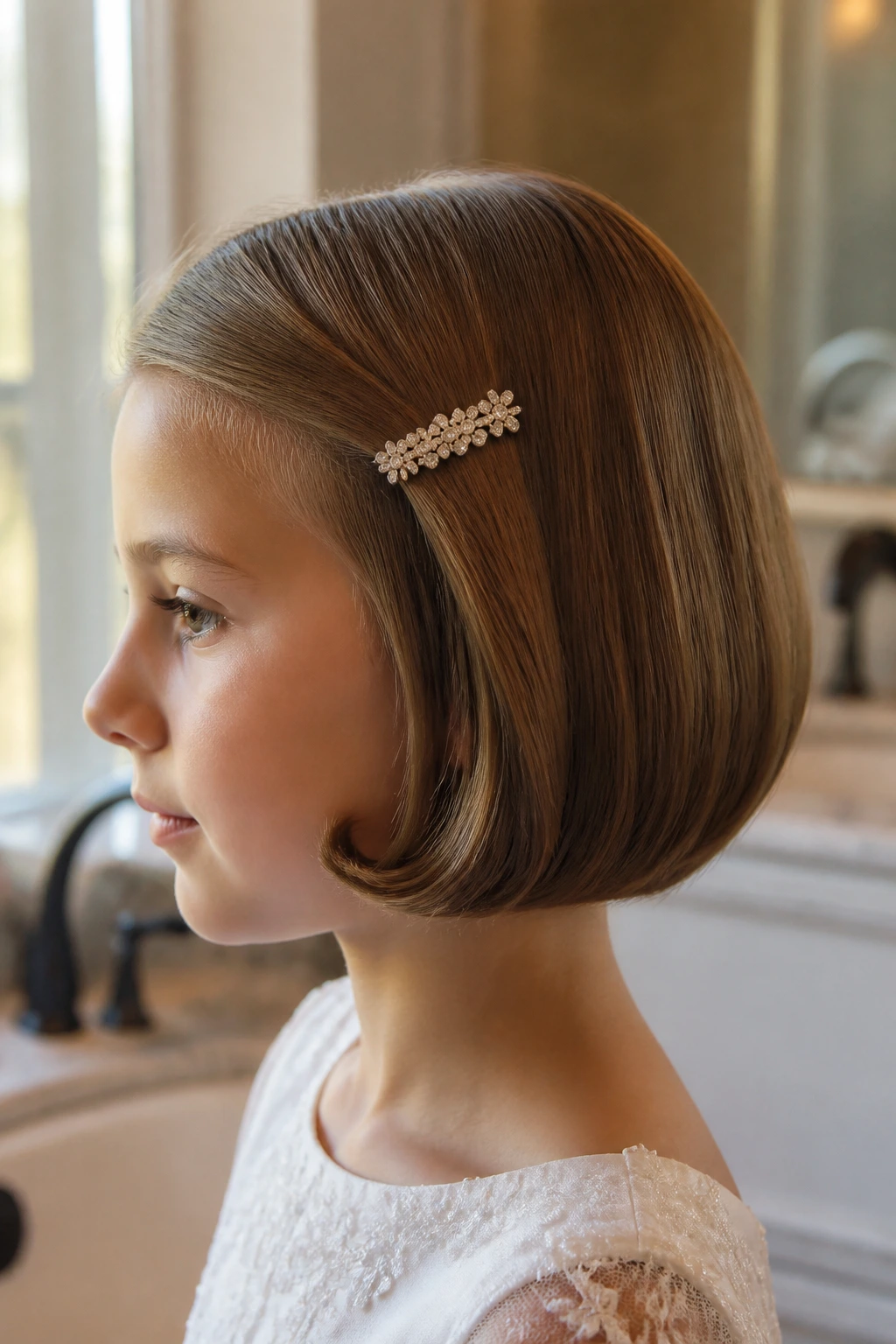 Close-up of a real child with a rolled bob and side barrette in soft indoor light