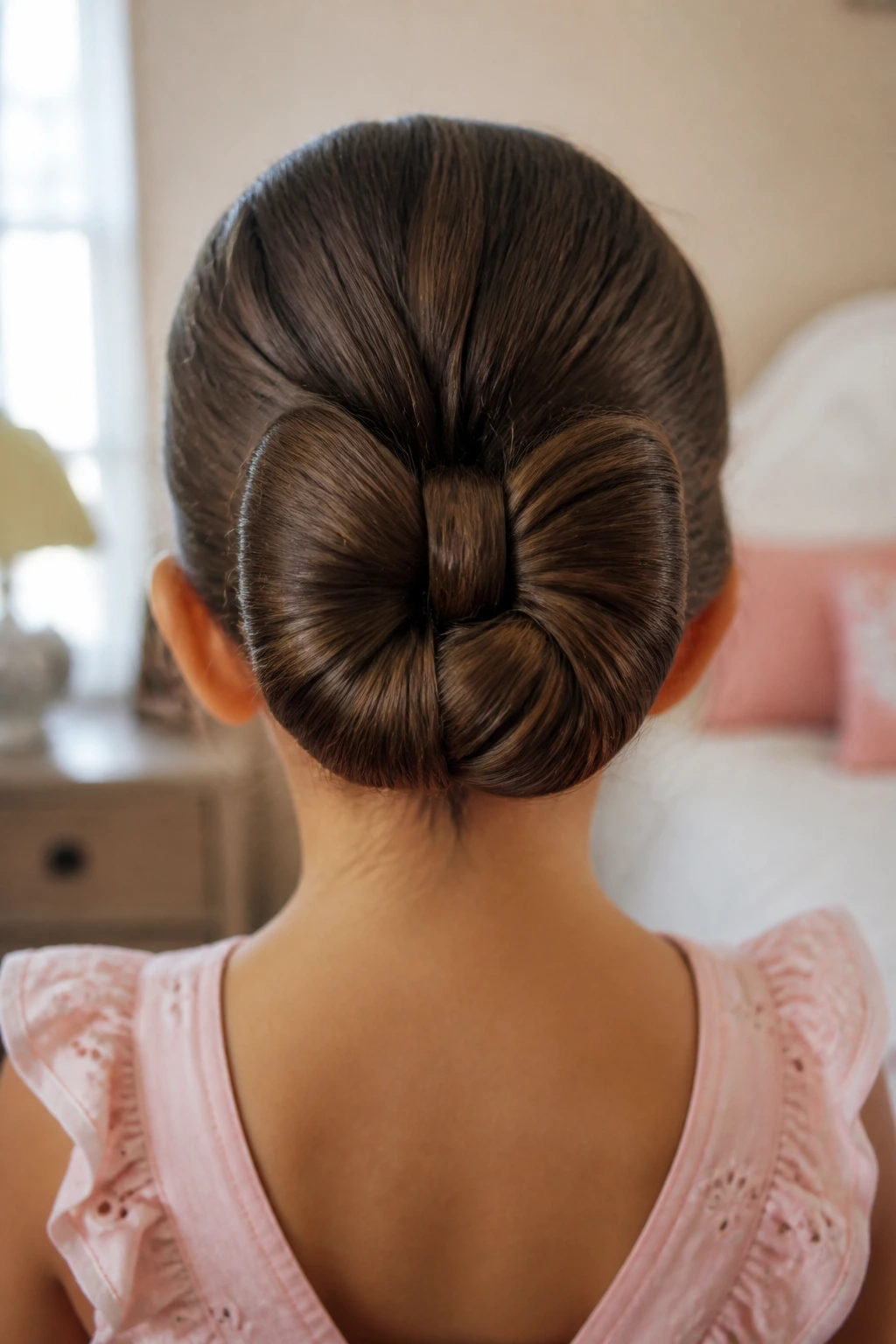 Back view of brunette girl with rolled bow bun in a cozy room.