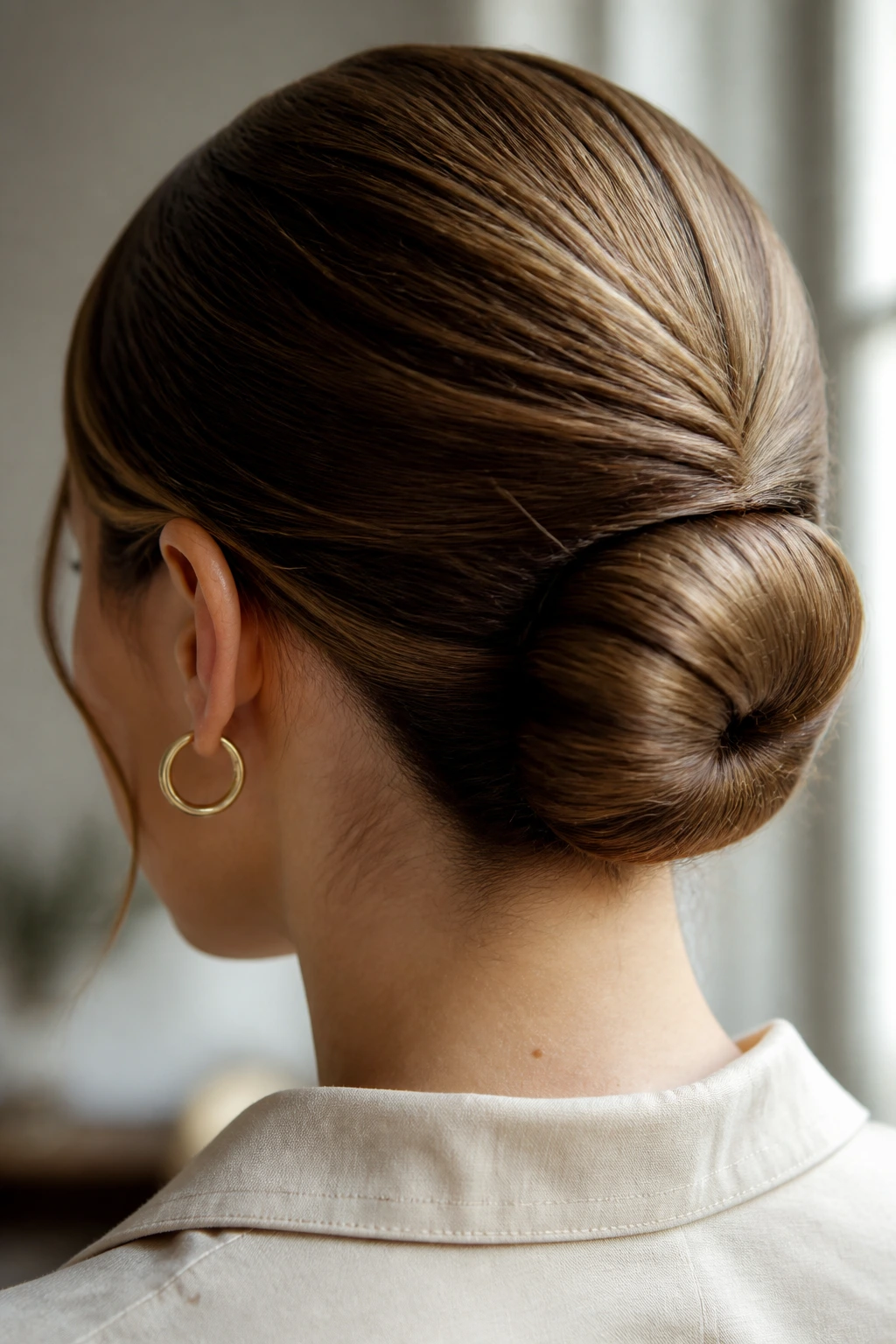 Close-up of rolled bun at the nape on a real woman