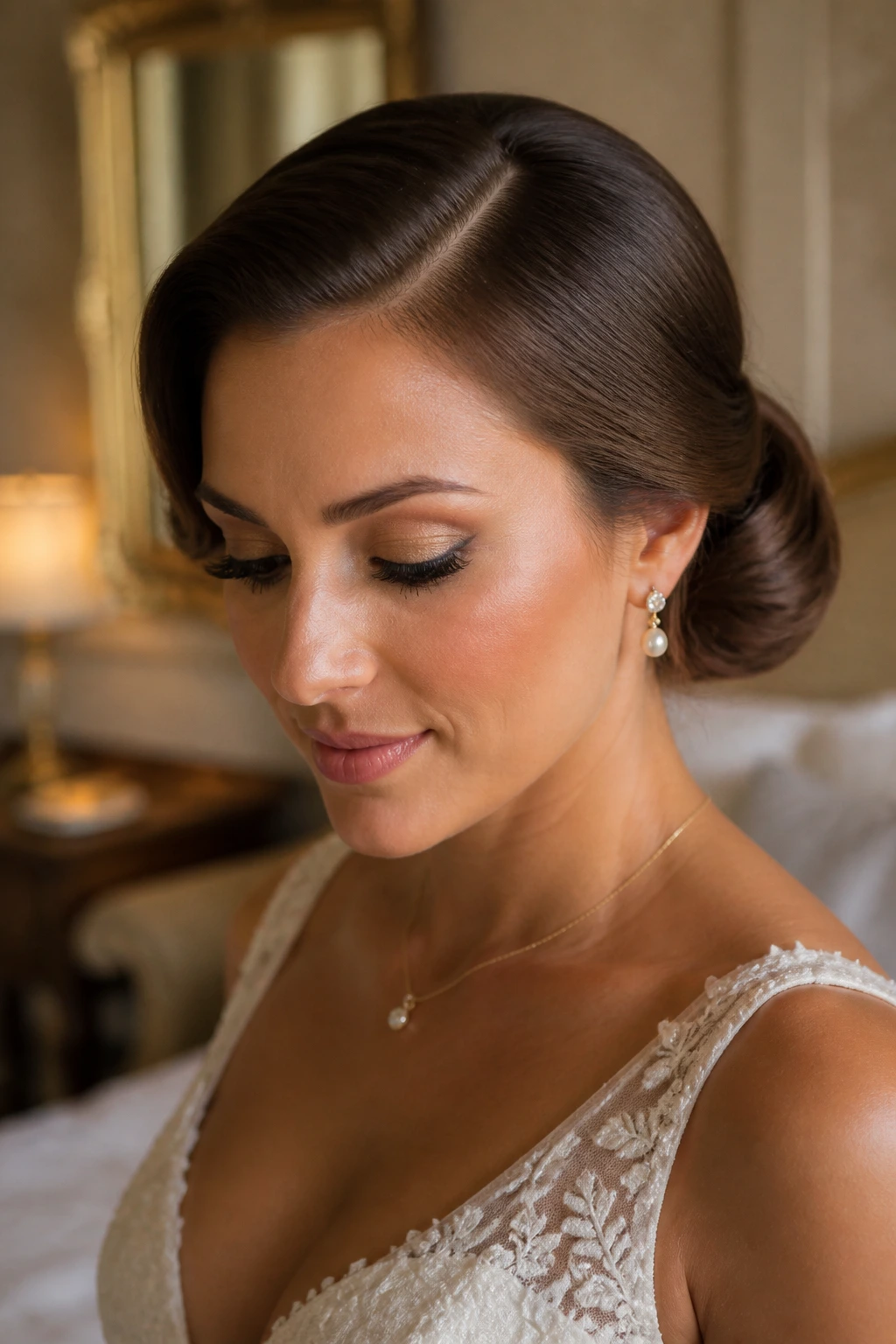Close-up of a real bride with a deep side part and rolled chignon.