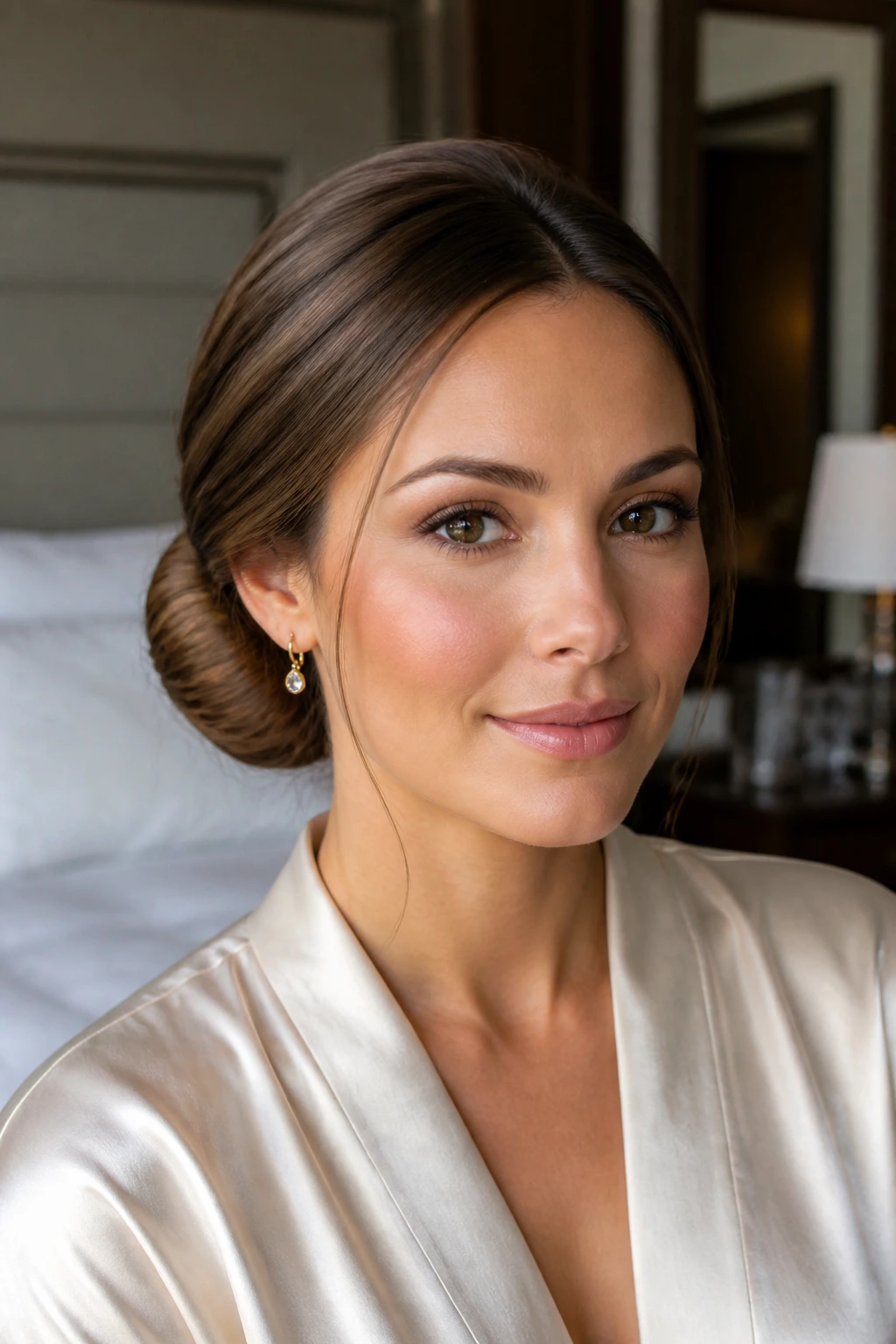 Close-up of a real woman with a rolled chignon hiding the ends