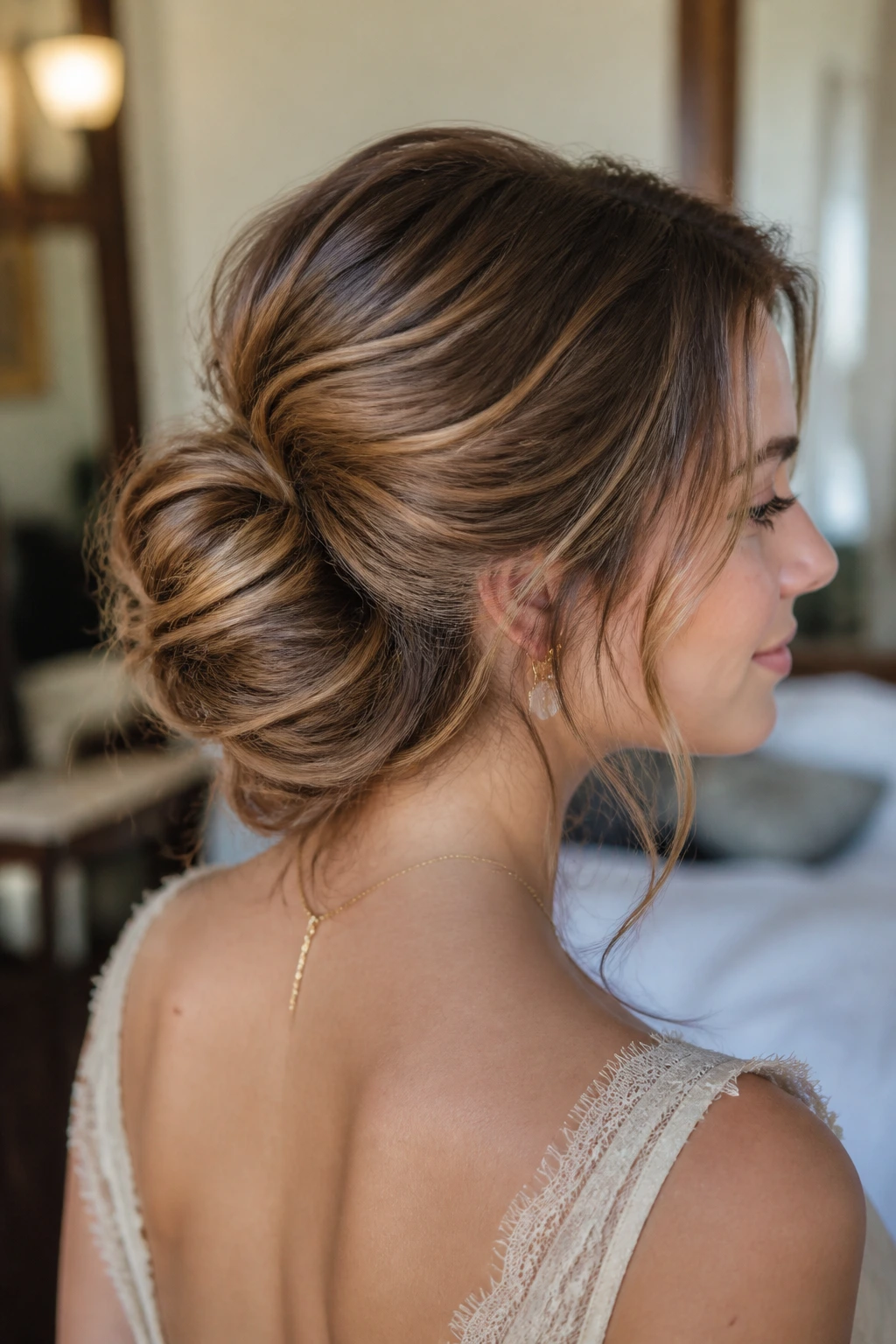 Side profile of rolled chignon with pulled-out sections on a real woman