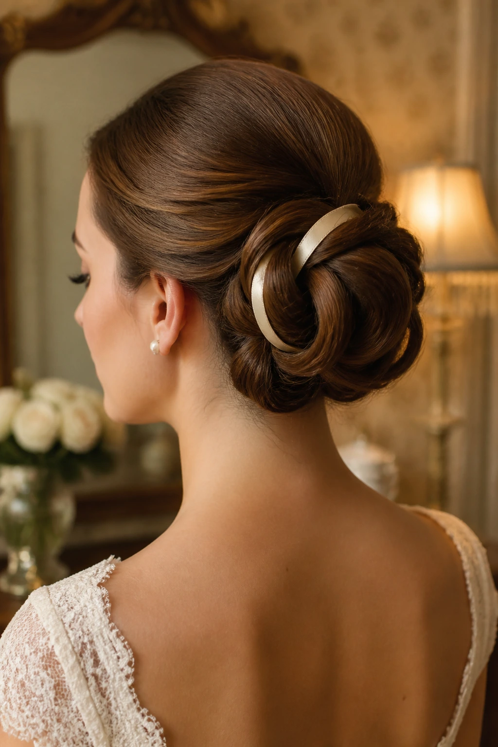 Bride with rolled chignon and ribbon detail