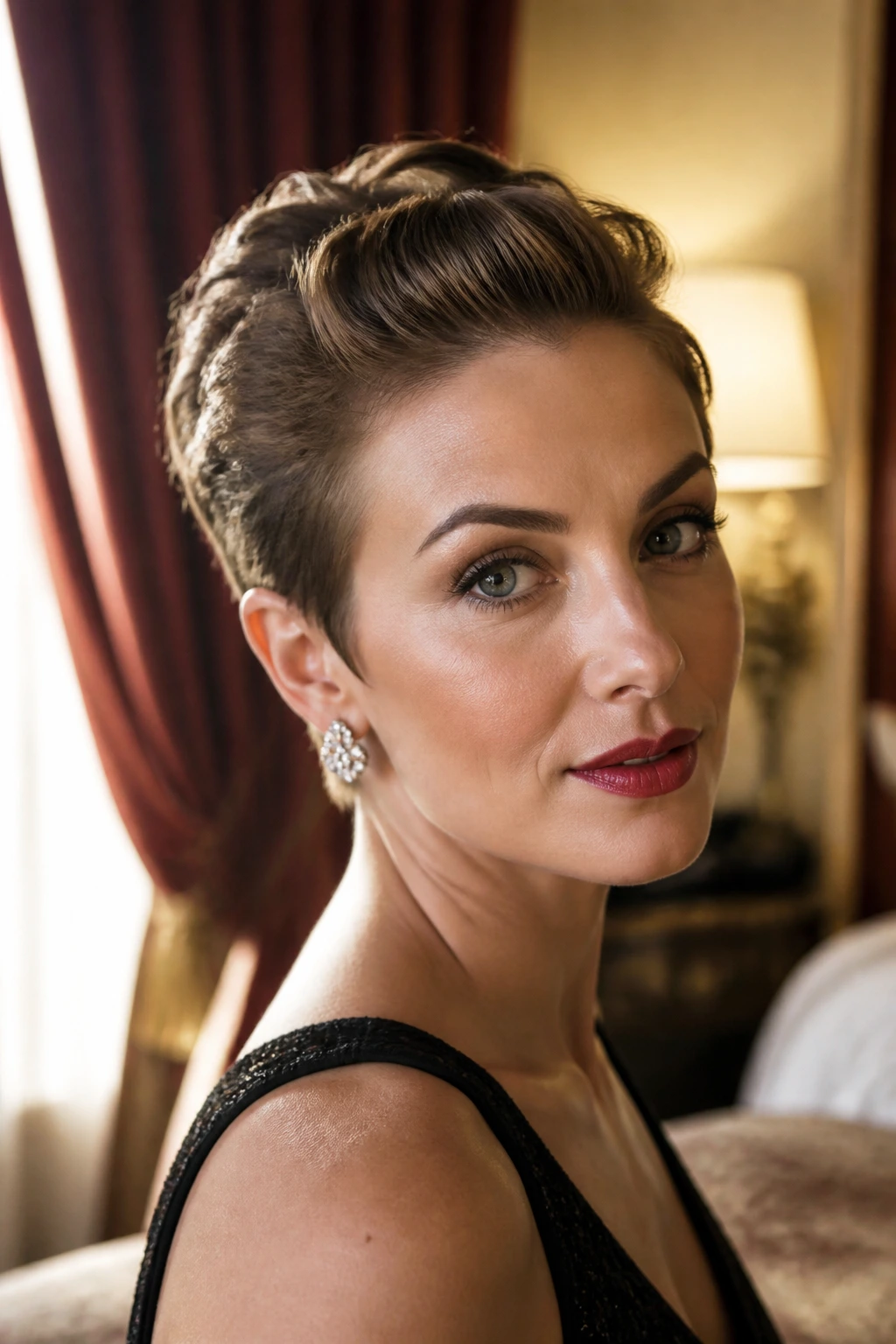 Close-up portrait of a real woman with rolled-crown pixie hairstyle in warm hotel-room lighting