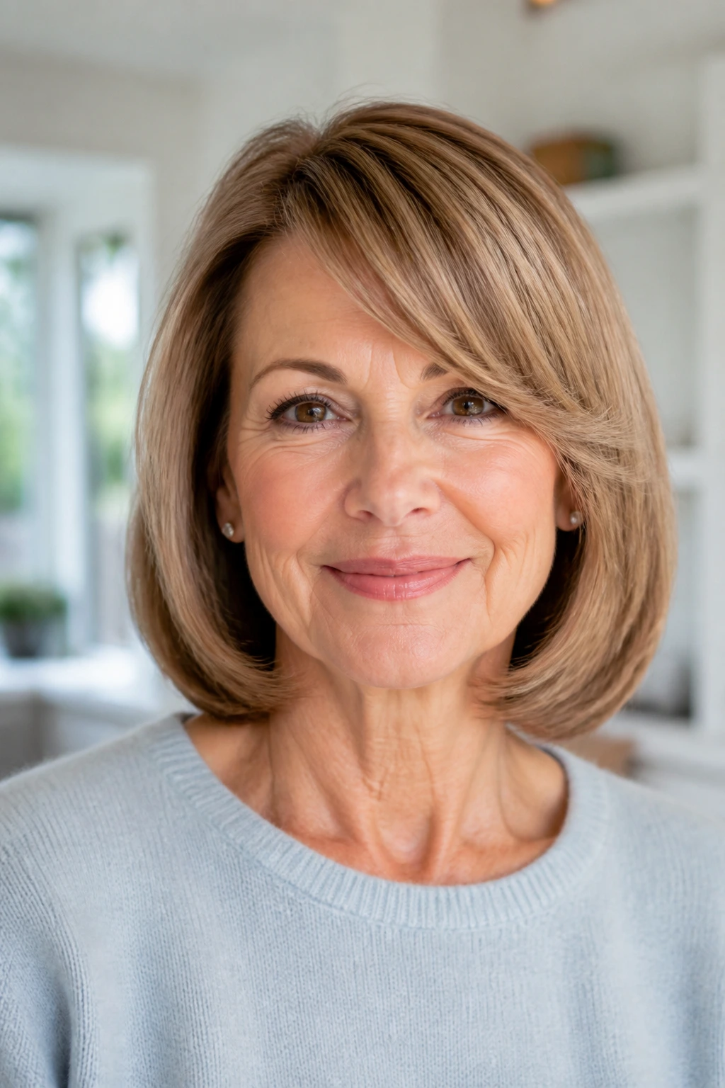Close-up portrait of a real woman with rolled-under ends and side fringe