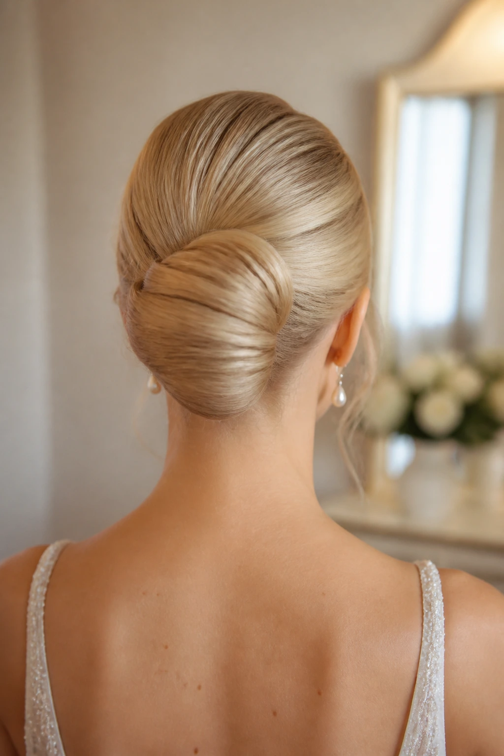 Rear view of bride with rolled French bun in bridal suite