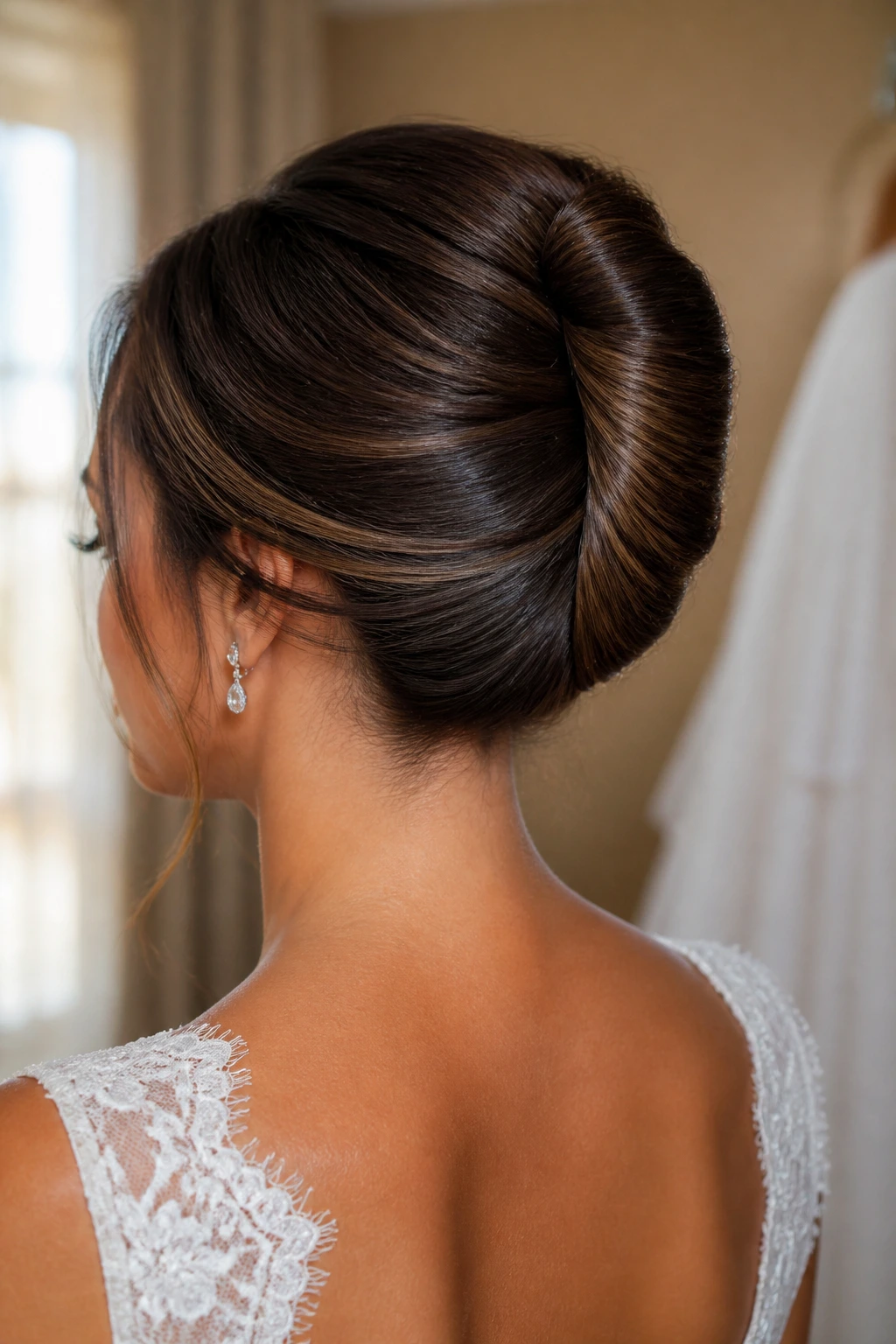 Close-up of Rolled French Bun on a real bride, vertical bun at the back of the head
