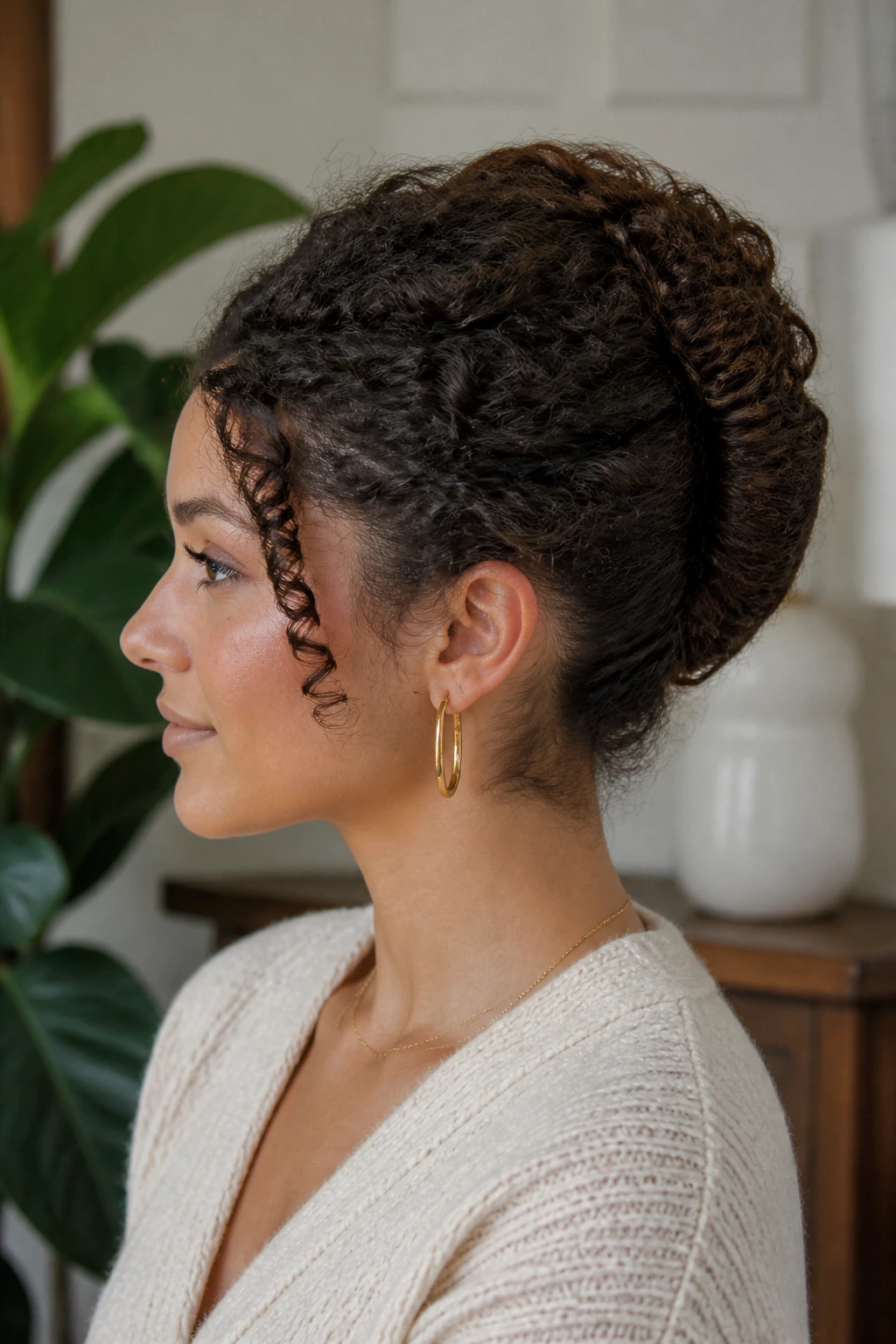 Close-up of a real woman with a rolled French bun for dense curls