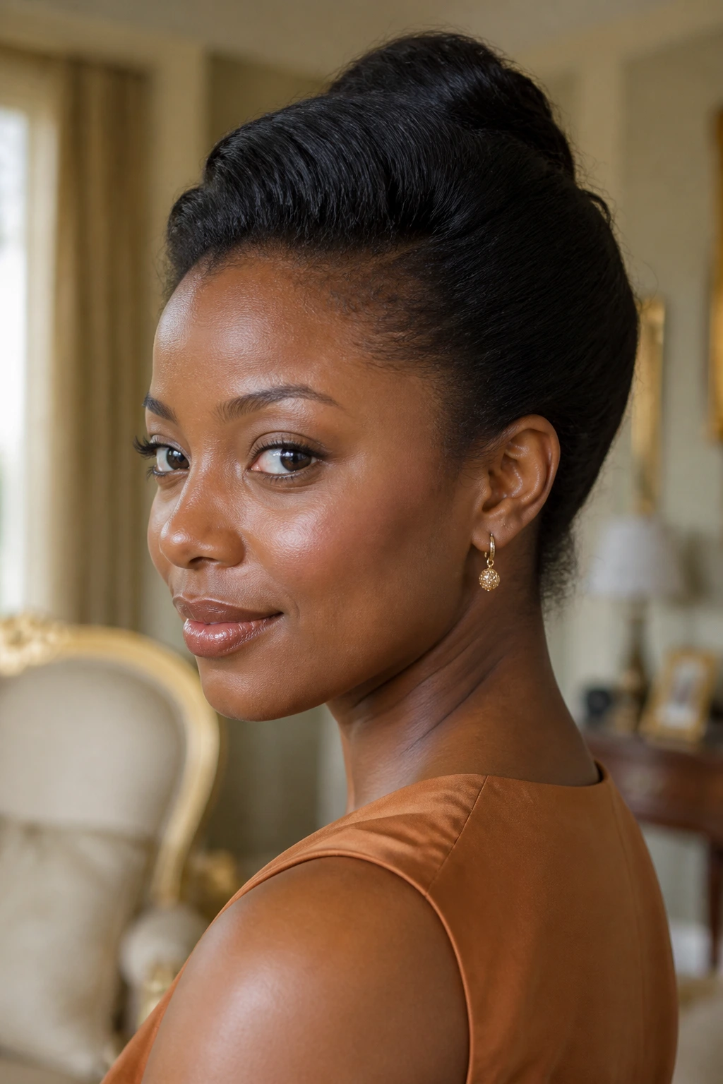 Close-up of a real woman with rolled French twist in warm interior light