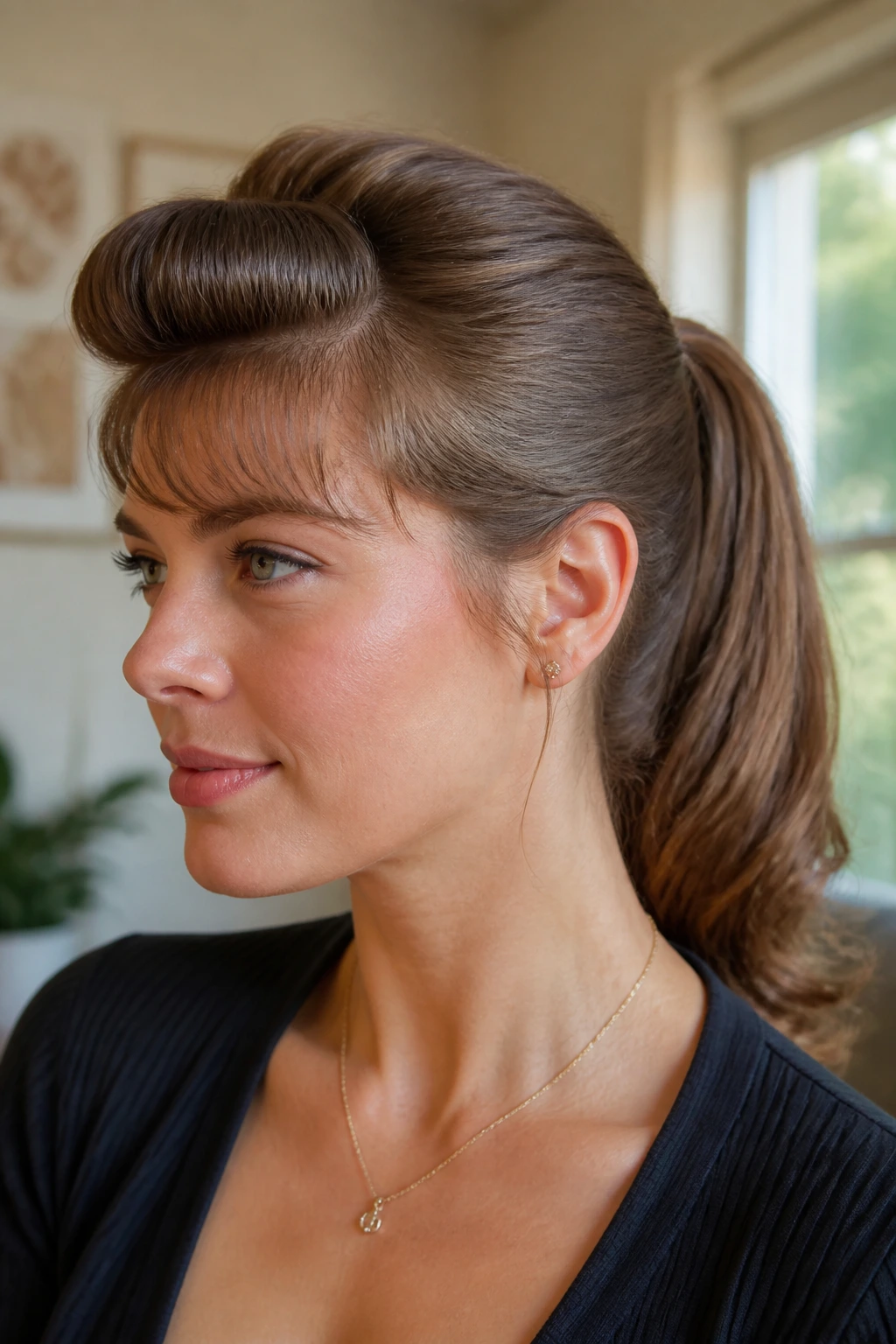 Close-up portrait of a woman with rolled fringe pony