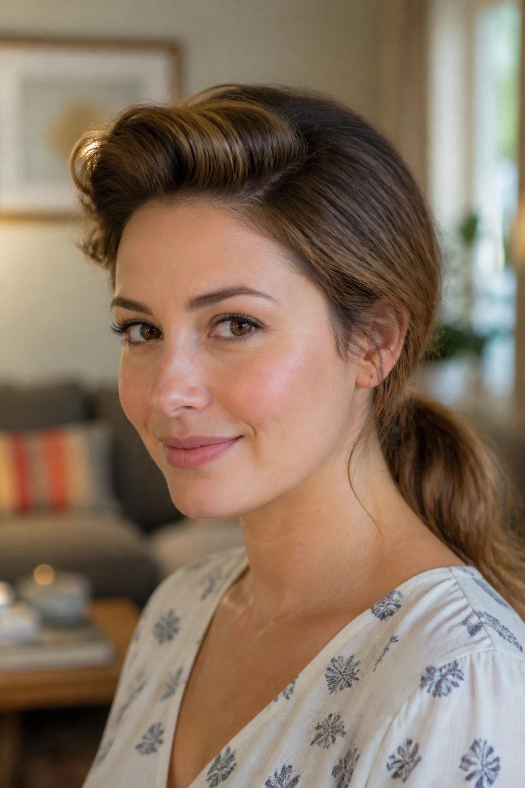 Close-up of rolled fringe with a low ponytail on a real person
