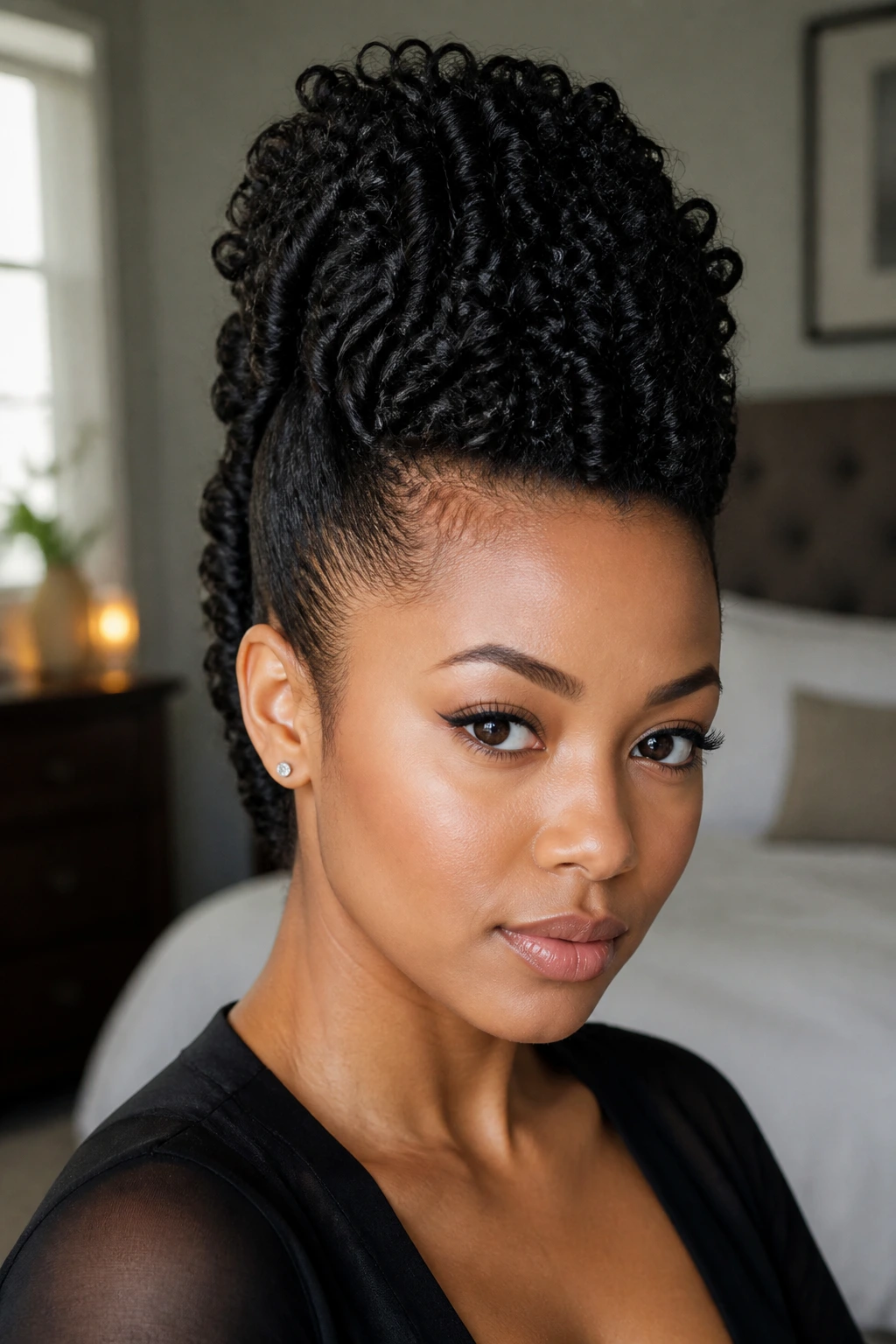 Close-up portrait of a real person with a rolled faux hawk hairstyle featuring a central ridge and pinned sides.