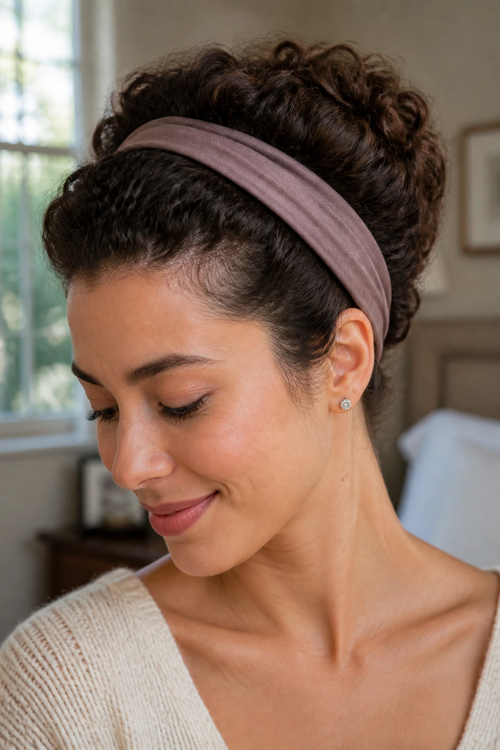 Portrait of a woman with rolled headband updo and curls tucked under the band.