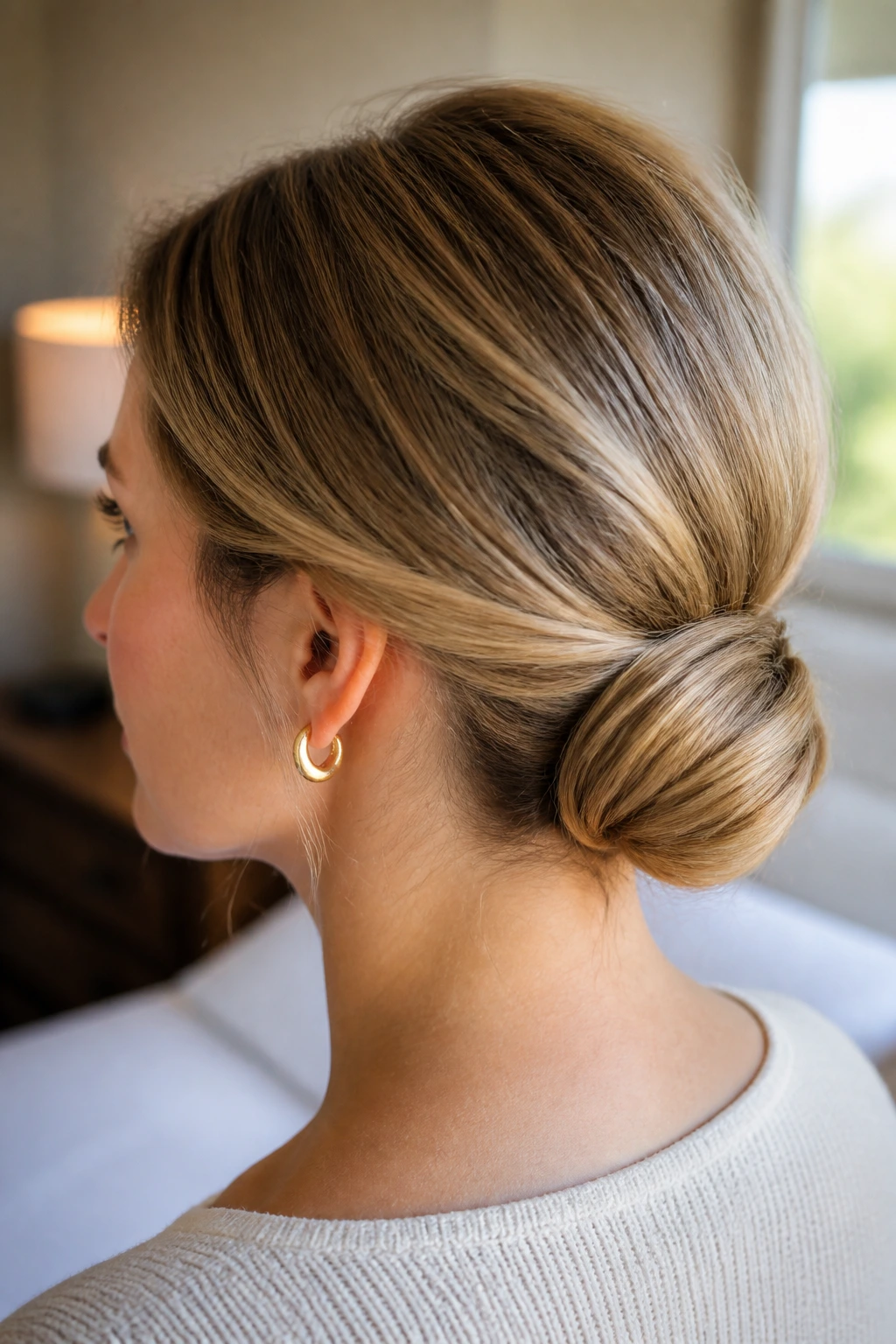 Close-up of rolled low bun for fine hair on a real woman, nape roll visible.