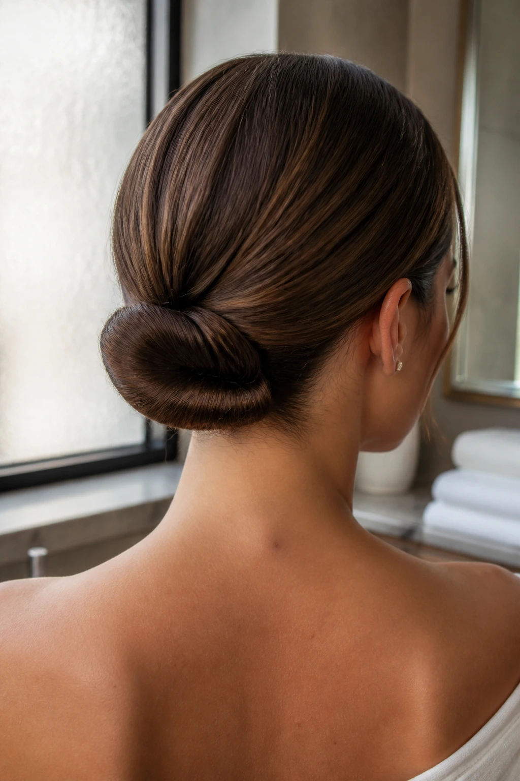 Back-of-head close-up of a real woman with a rolled nape bun