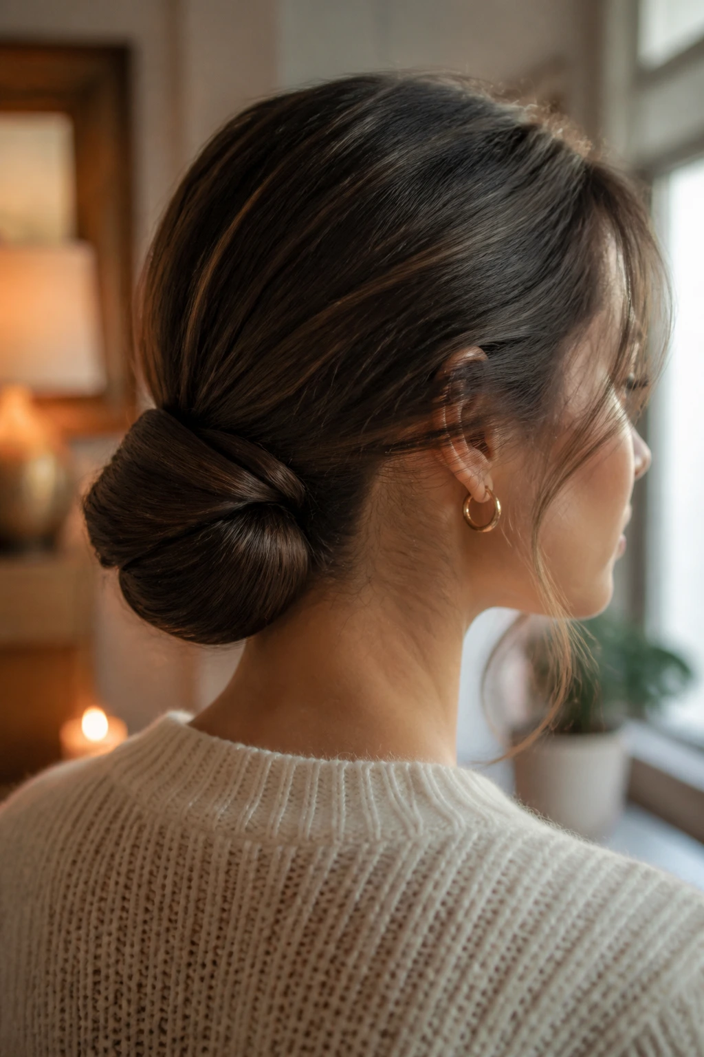 Close-up of a real woman's head with a rolled nape bun hugging the neckline