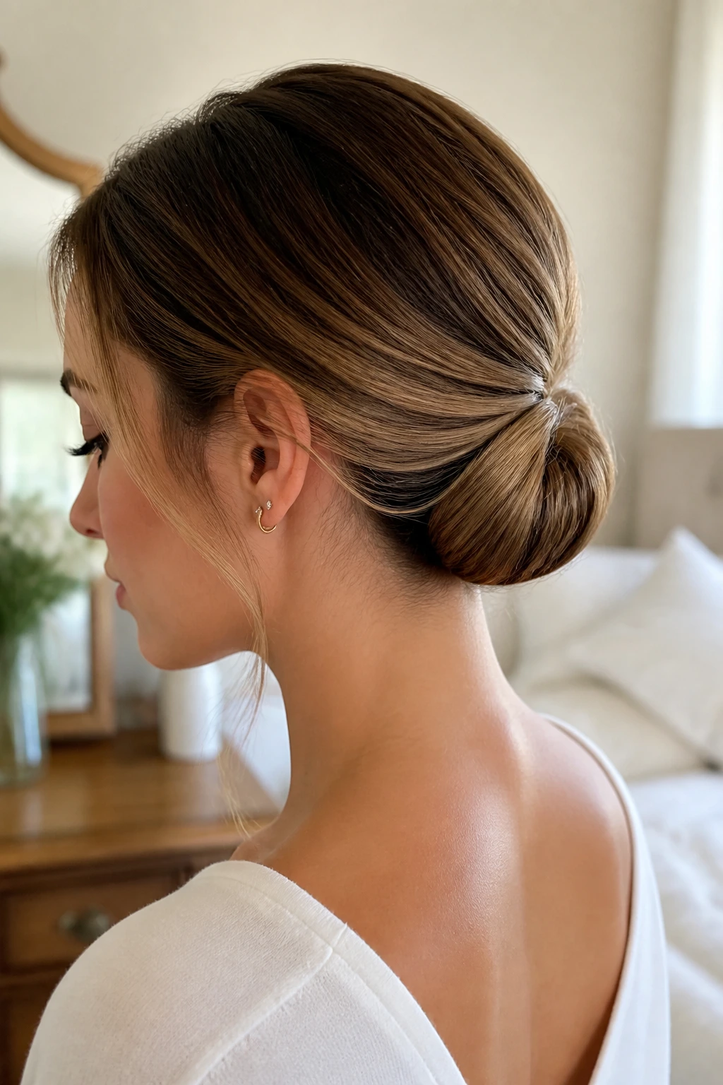 Close-up of Rolled Nape Bun on a real woman with a low rounded bun