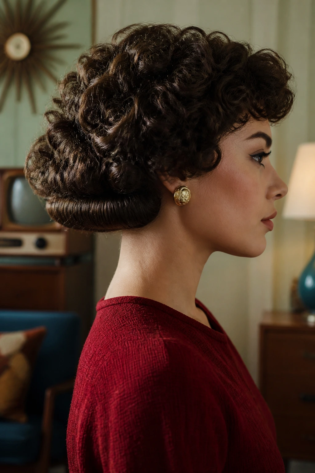 Profile view of a person with a rolled-nape pageboy hairstyle